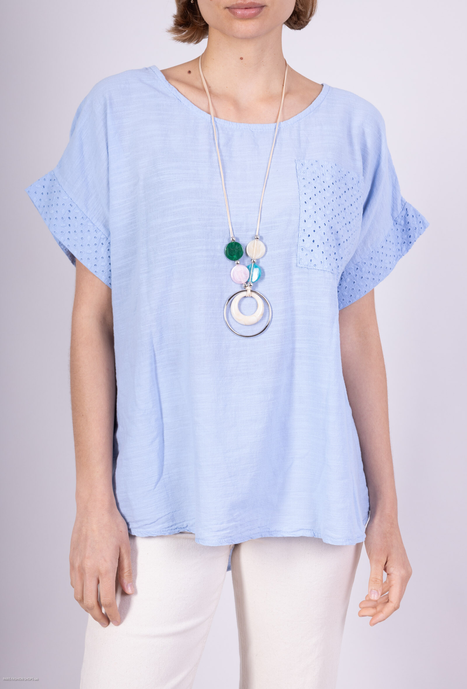 Grossiste C'Belle - Tshirt manche courte avec une poche à l'avant avec un collier