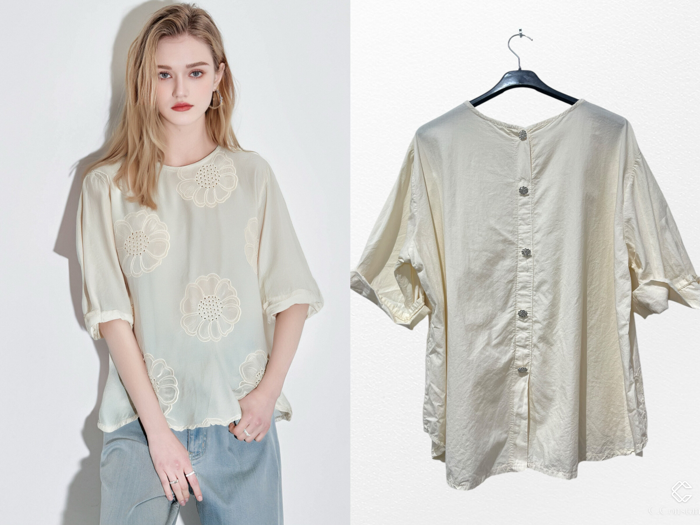 Wholesaler C.CONSTANTIA - Tshirt Flowers and Back Strass Strags