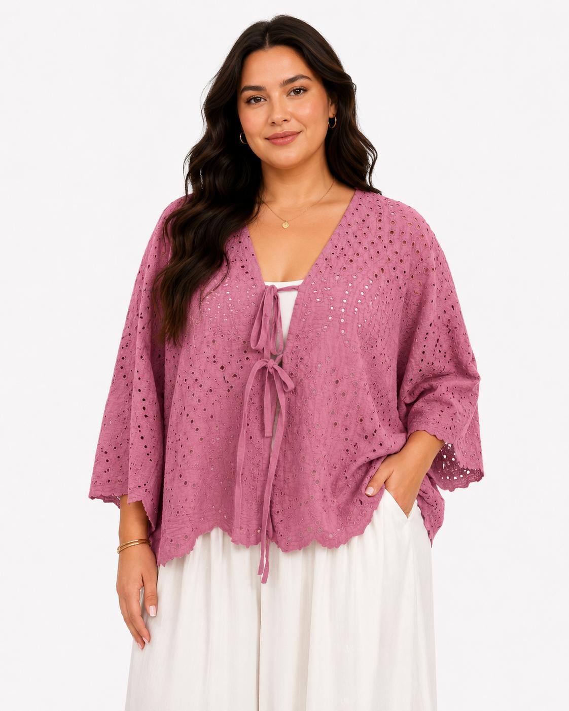 Grossista NEW & CO - TAGLIA GRANDE Cardigan ricamato in cotone traforato da annodare