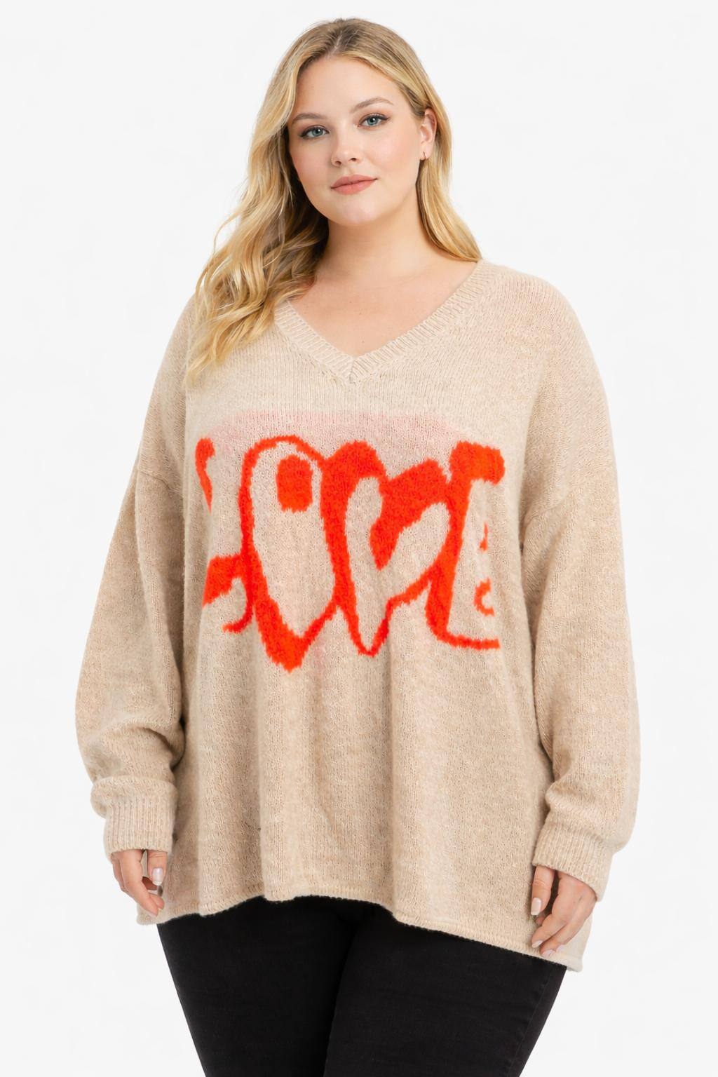 Grossista NEW & CO - Maglione ampio con scollo a V e motivo 'LOVE'