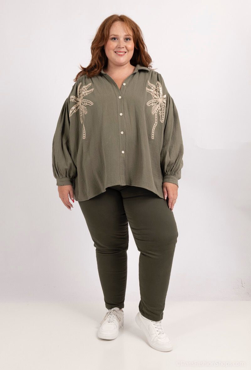 Grossiste C'MELODIE - Grande Taille Chemise Brodée Palmier  - Élégante et Confortable