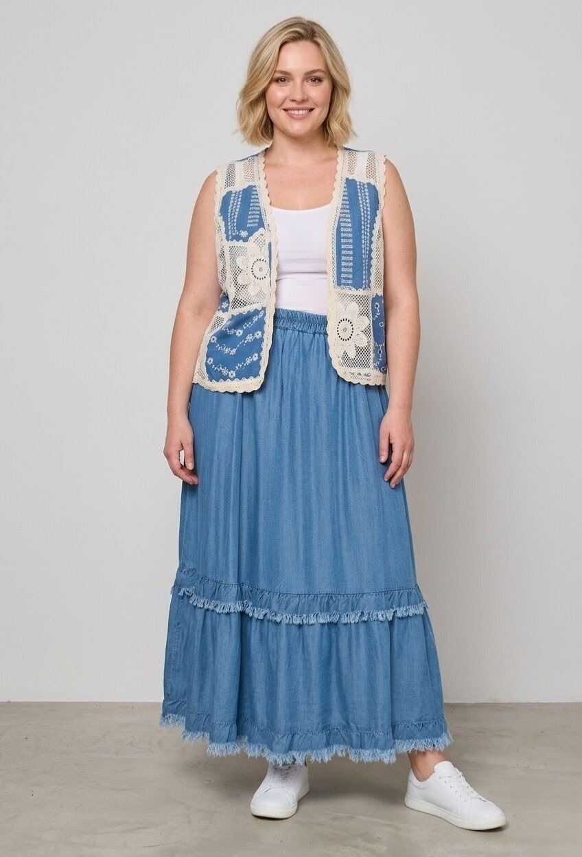 Großhändler C'MELODIE - Große Größe - Langer Jeansrock mit Rüschen
