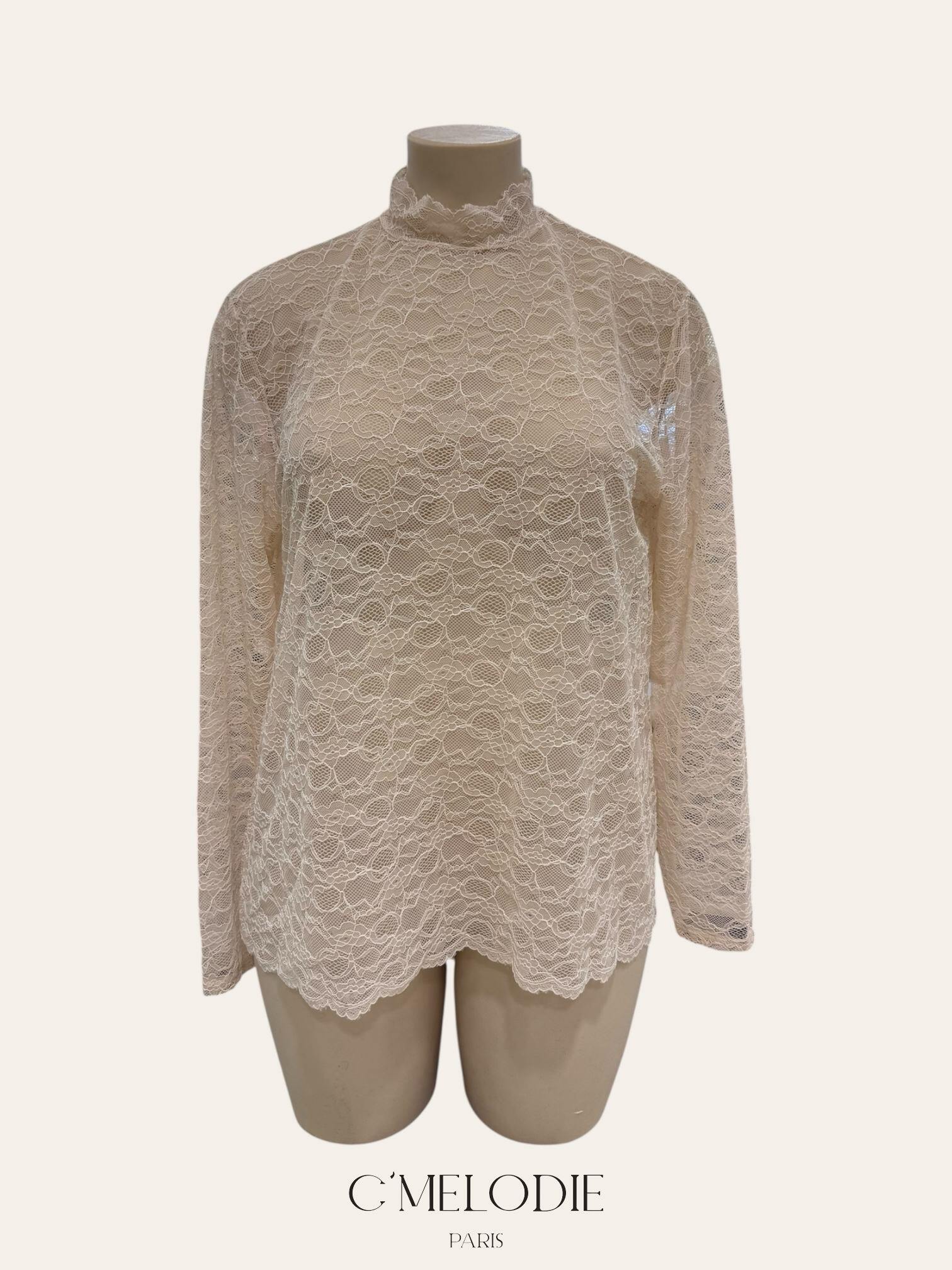 Blouse En Dentelle Transparente Blanche Taille M – Marque Donetti, Occasion Très Bon état