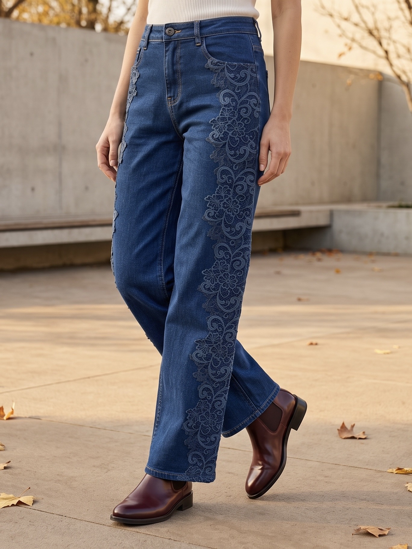 Wholesaler CAROLE / VOGGO - Wide Leg Jeans – Side Floral Lace Stripes
