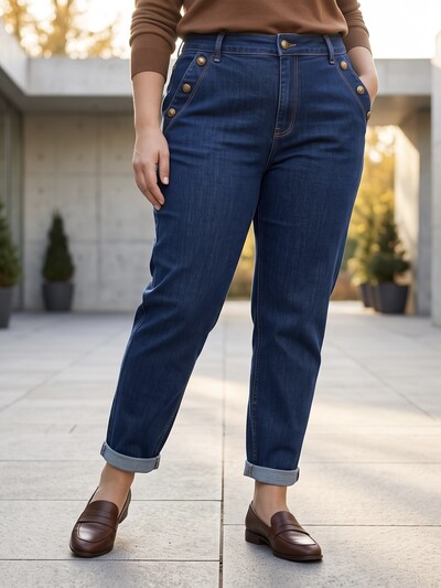 Grossista CAROLE / VOGGO - Jeans Mom Fit – Taglia Grande – Bottoni Dorati sulle Tasche Grossista CAROLE / VOGGO - Jeans Mom Fit – Taglia Grande – Bottoni Dorati sulle Tasche