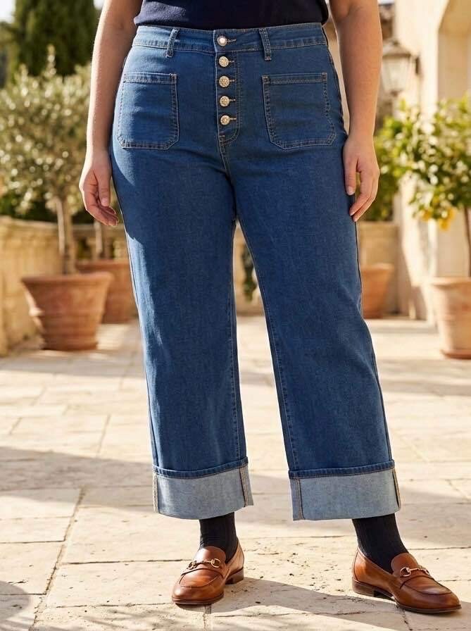 Grossista CAROLE / VOGGO - Jeans Wide Leg 7/8 – Taglia Grande – 5 Bottoni & Grandi Risvolti