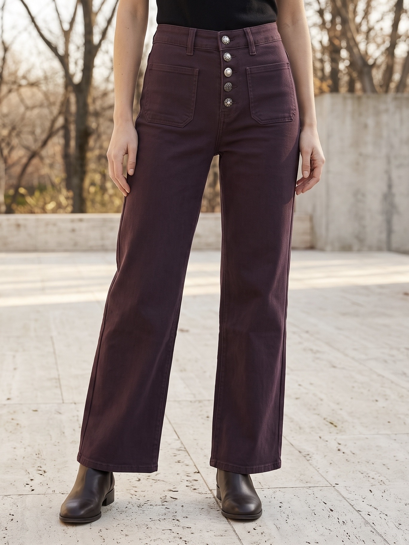 Wholesaler CAROLE / VOGGO - Wide Leg Jeans – 5 Unique Buttons & Patch Pockets