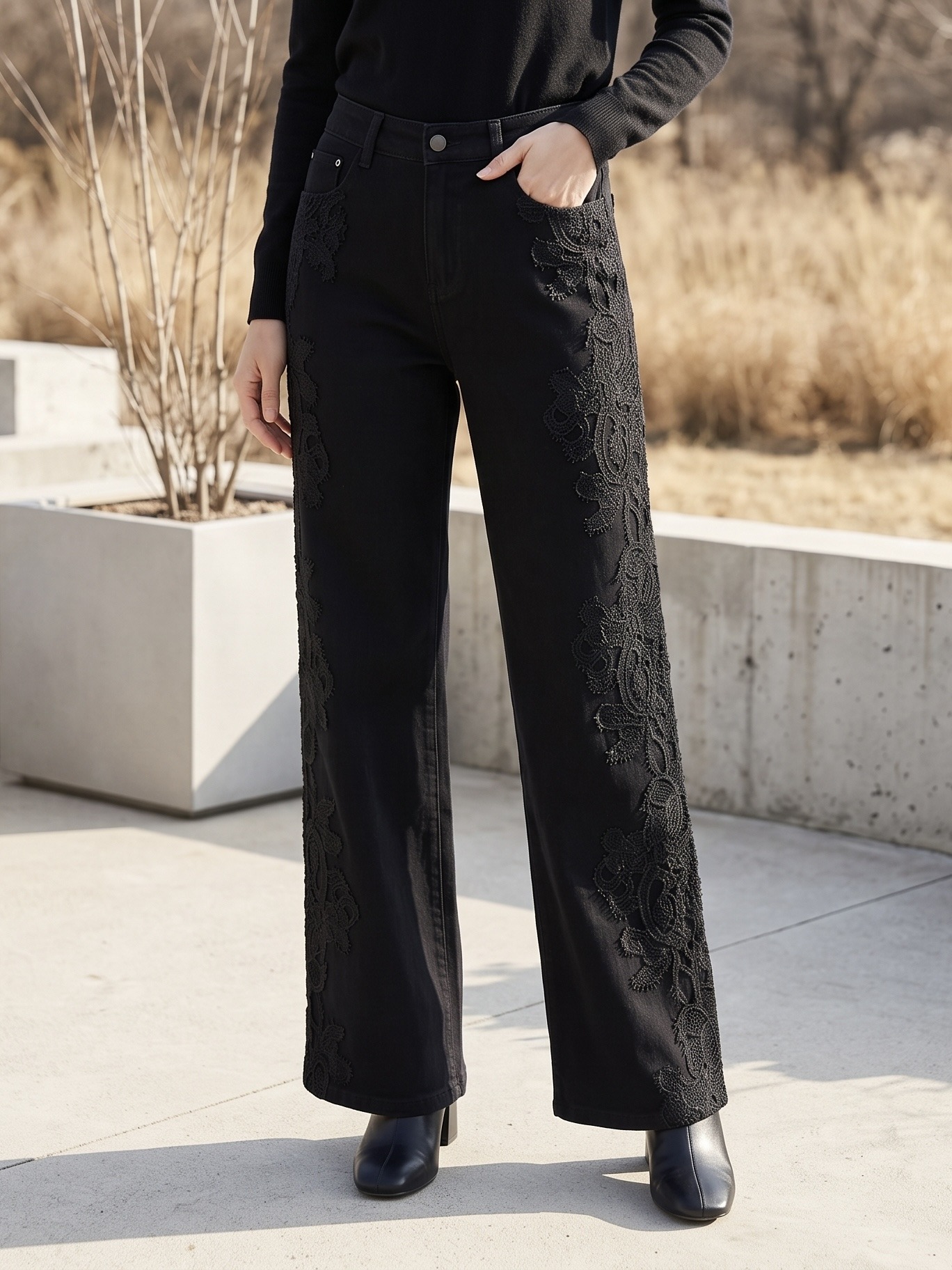 Grossiste CAROLE / VOGGO - Jean Wide Leg – Bandes Dentelle Latérales – Noir
