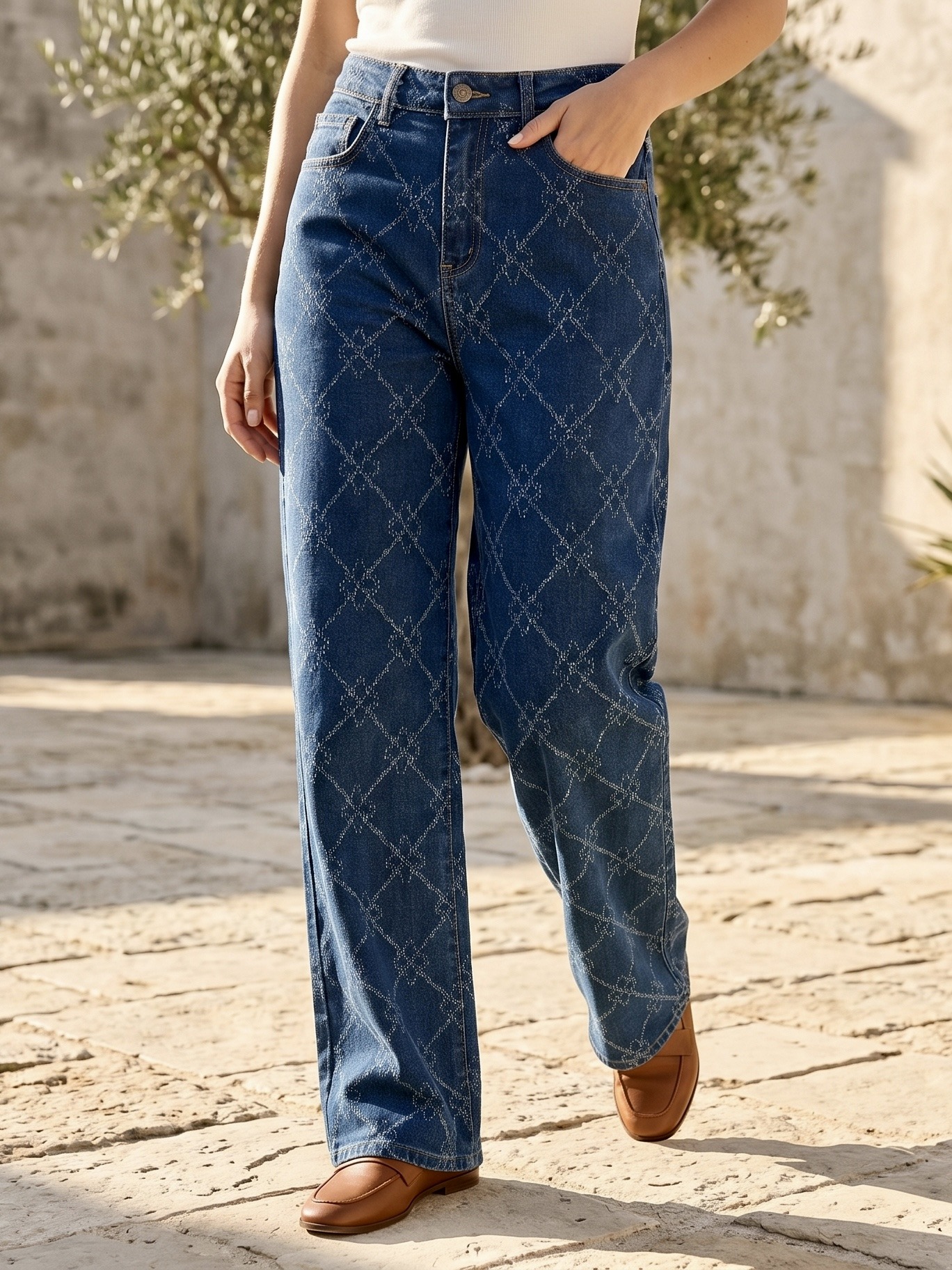 Grossista CAROLE / VOGGO - Jeans a Gamba Larga – Motivi Floreali Intessuti