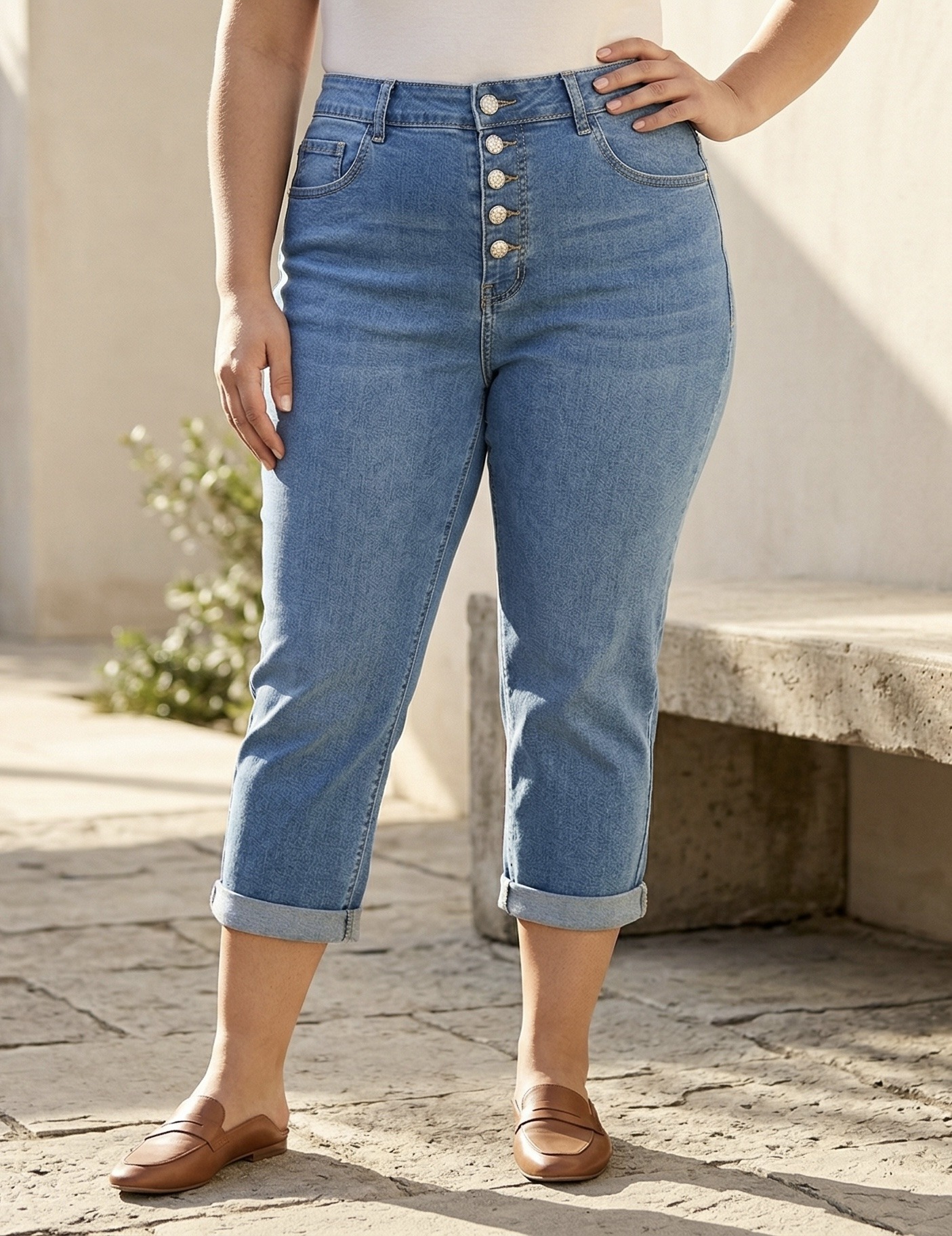 Großhändler CAROLE / VOGGO - Jeans-Caprihose – Große Größen – 5 Elegante Knöpfe