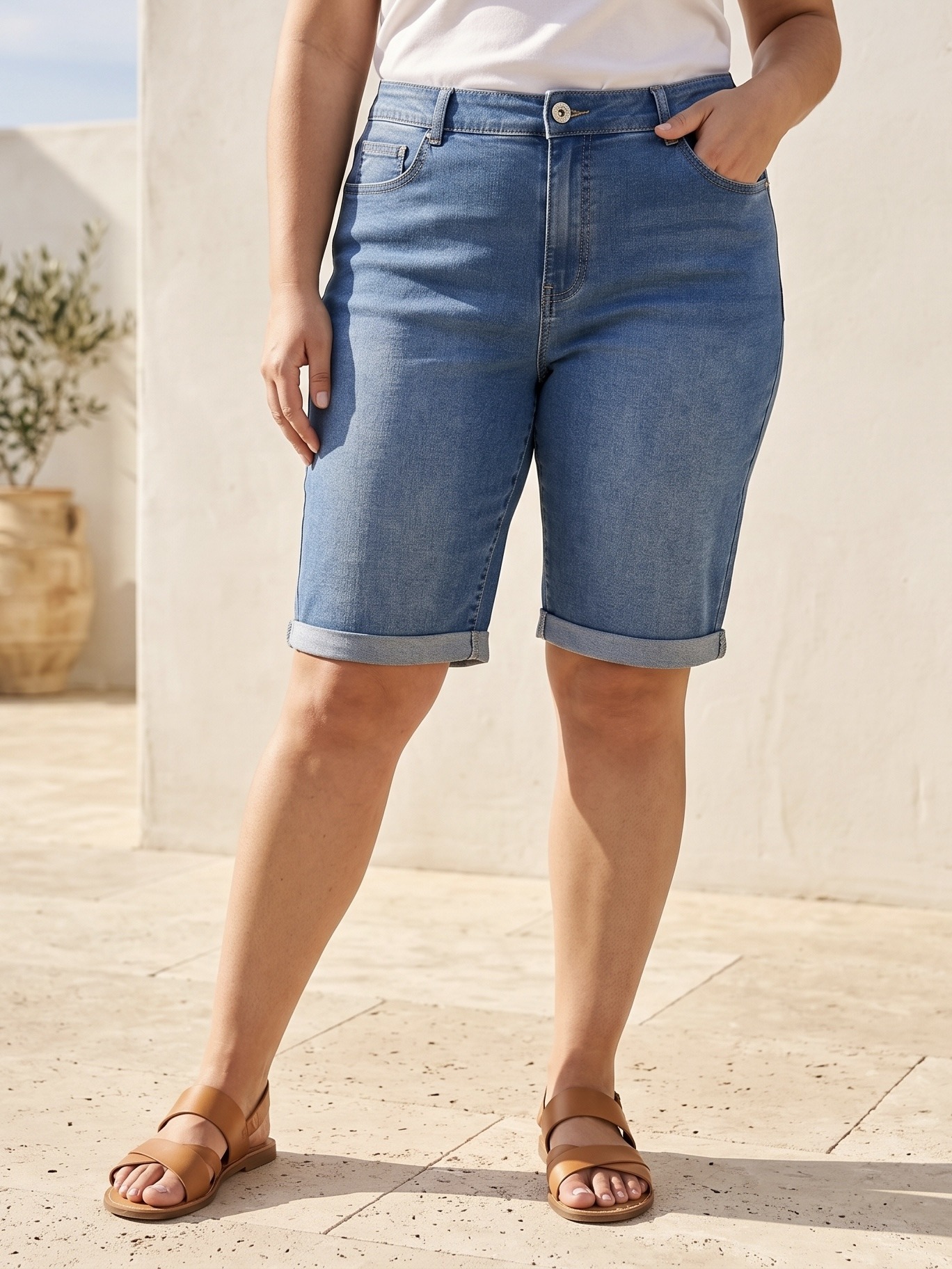Wholesaler CAROLE / VOGGO - Denim Bermuda Shorts – Plus Size – Blue Denim