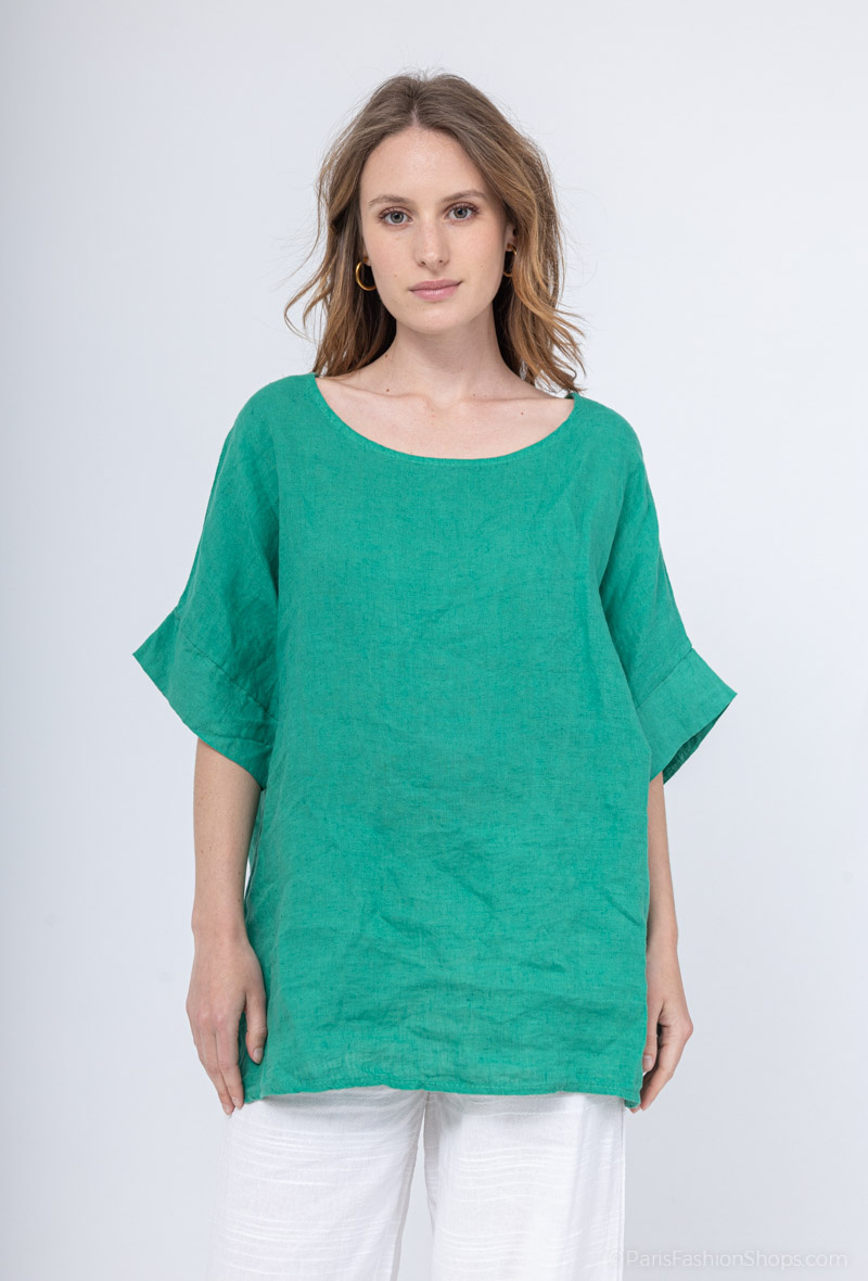 Grossiste Catherine Style - Blouse unie en lin col rond