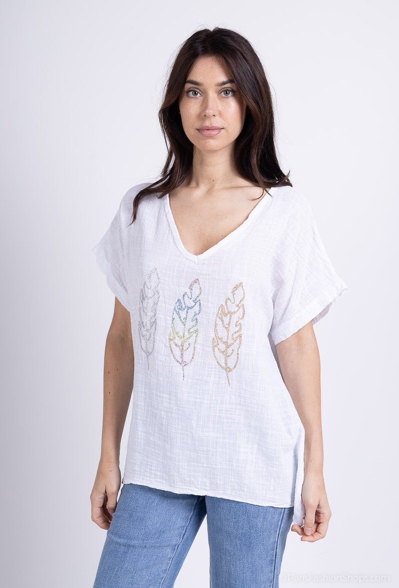 Grossista Catherine Style - Blusa di cotone con stampa di piume e paillettes