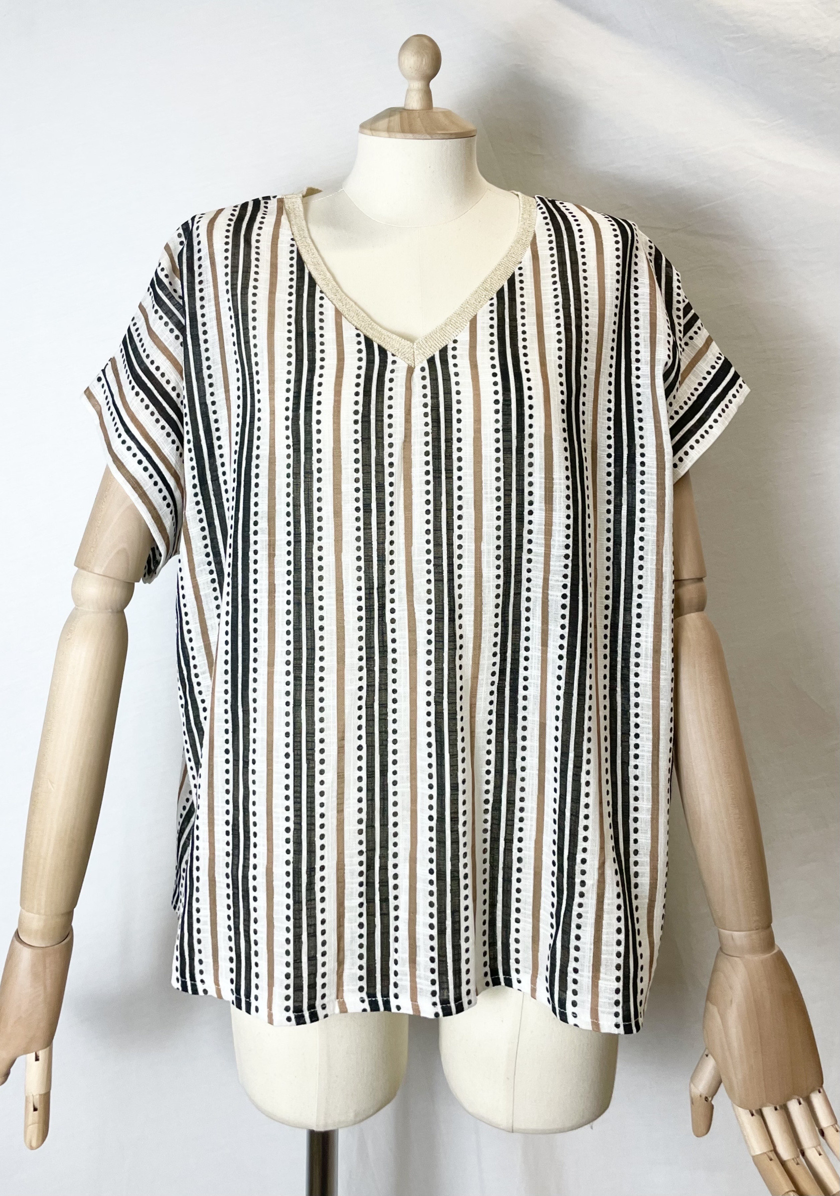 Mayorista Catherine Style - Blusa de lona de algodón y lino con estampado de rayas coloridas y cuello acanalado dorado