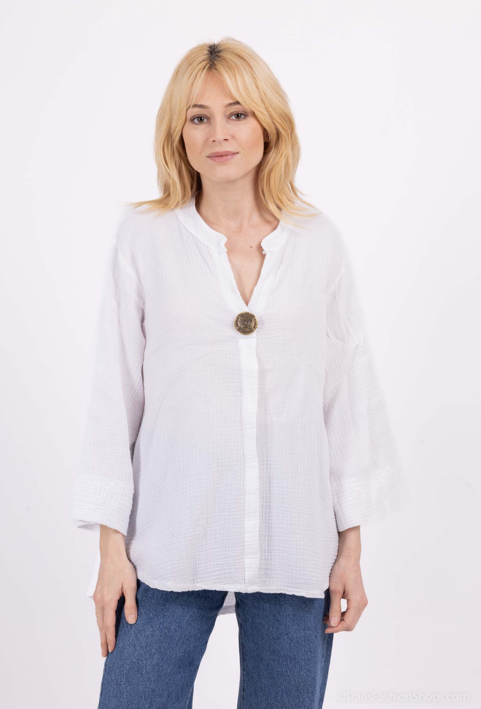 Grossiste Catherine Style - Blouse en gaze coton manche ample à bouton