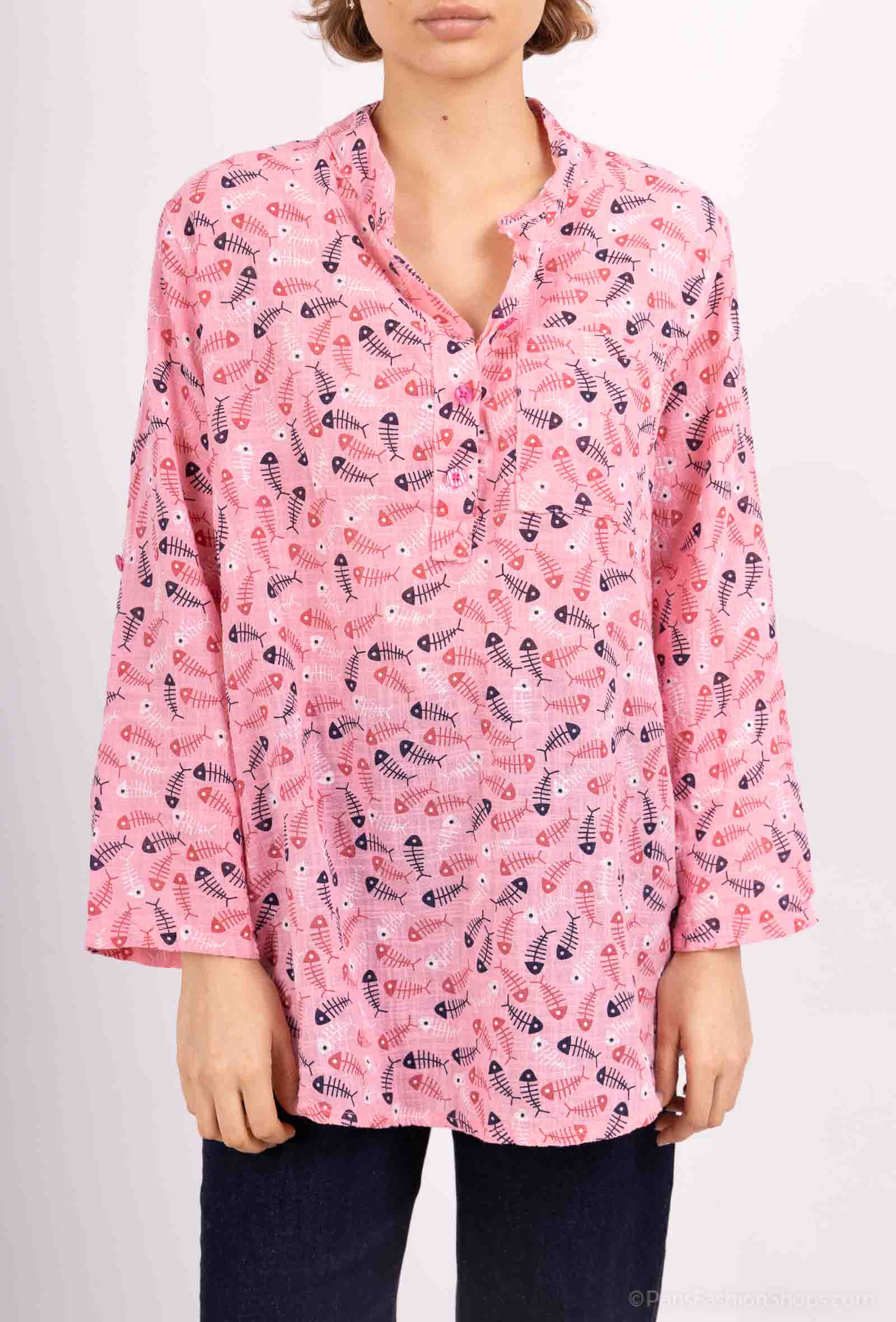 Grossiste Catherine Style - Blouse en toile de coton à imprimée arrêt de poisson tricolores