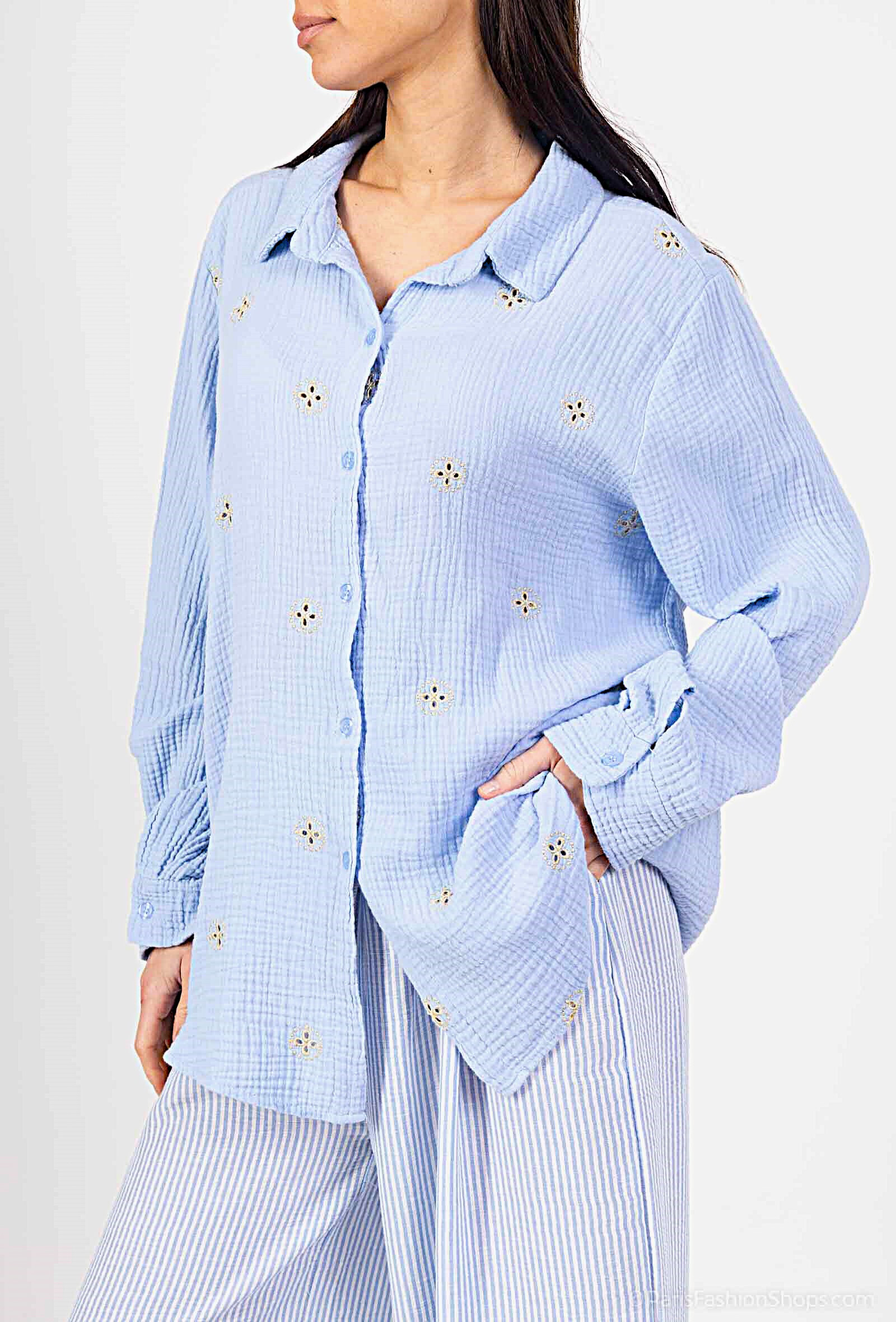 Wholesaler Catherine Style - Cotton gauze blouse with gold trefoil embroidery