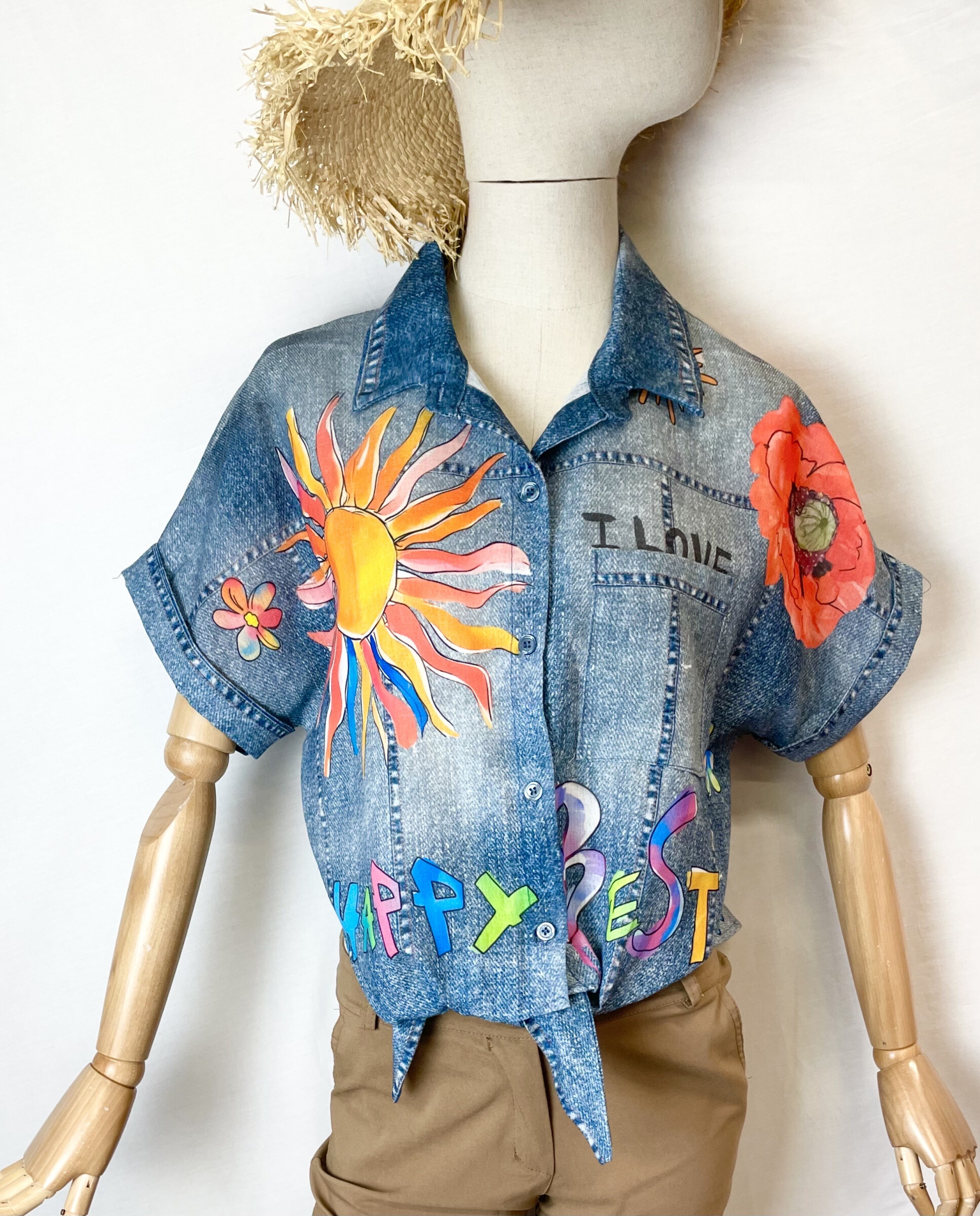 Großhändler Catherine Style - Denim Fantasy Printed Bluse zu binden