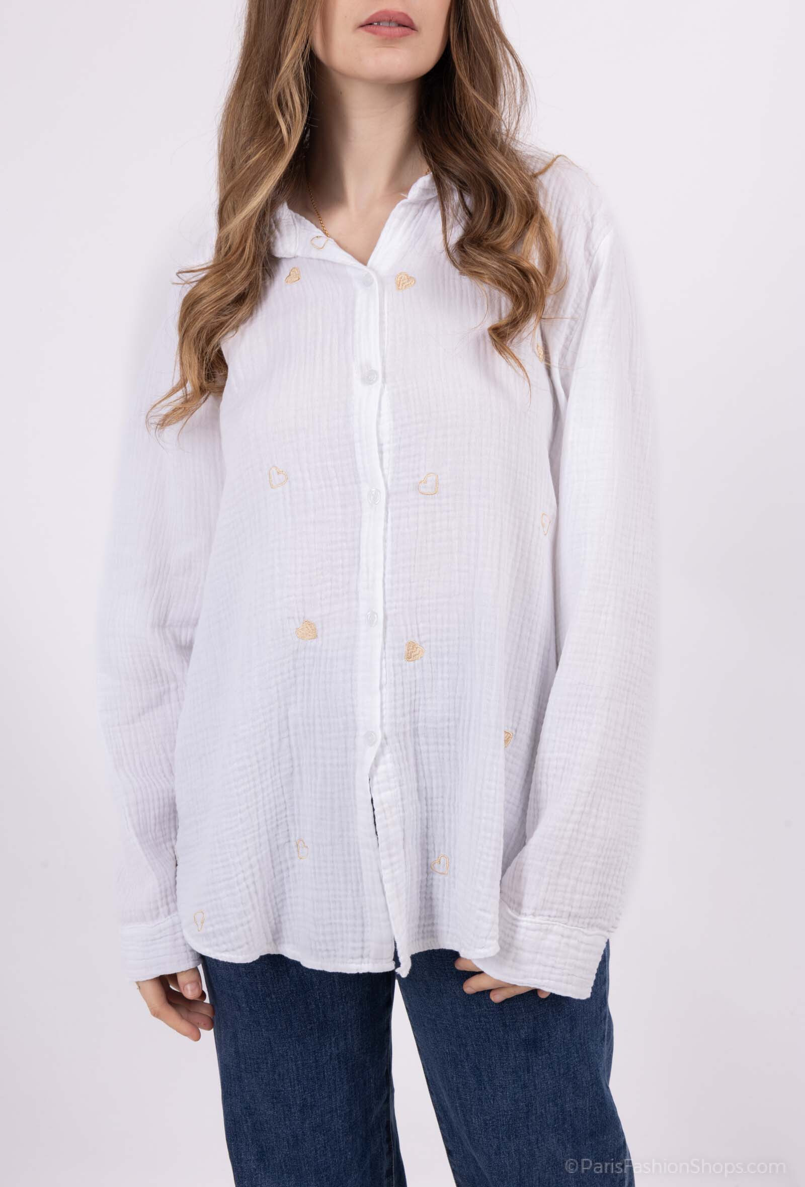Grossiste Catherine Style - Chemisier en gaze de coton à broderie cœur dorées