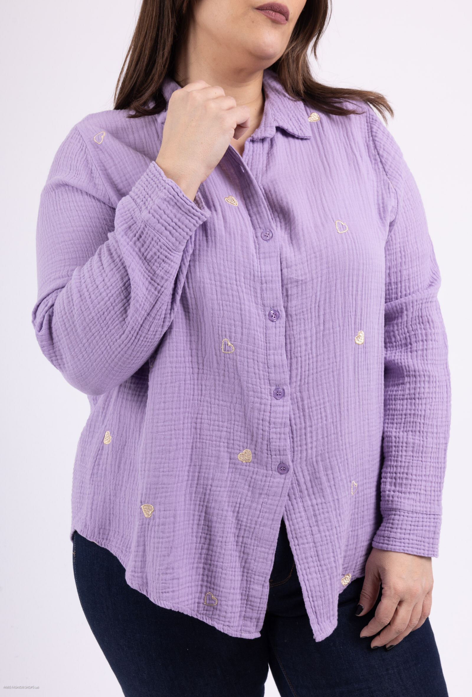 Wholesaler Catherine Style - Cotton gauze blouse with gold heart embroidery