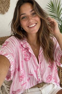 Grossiste Bobo Glam' - Chemisier en gaze de coton à imprimé fleurie tropicaux