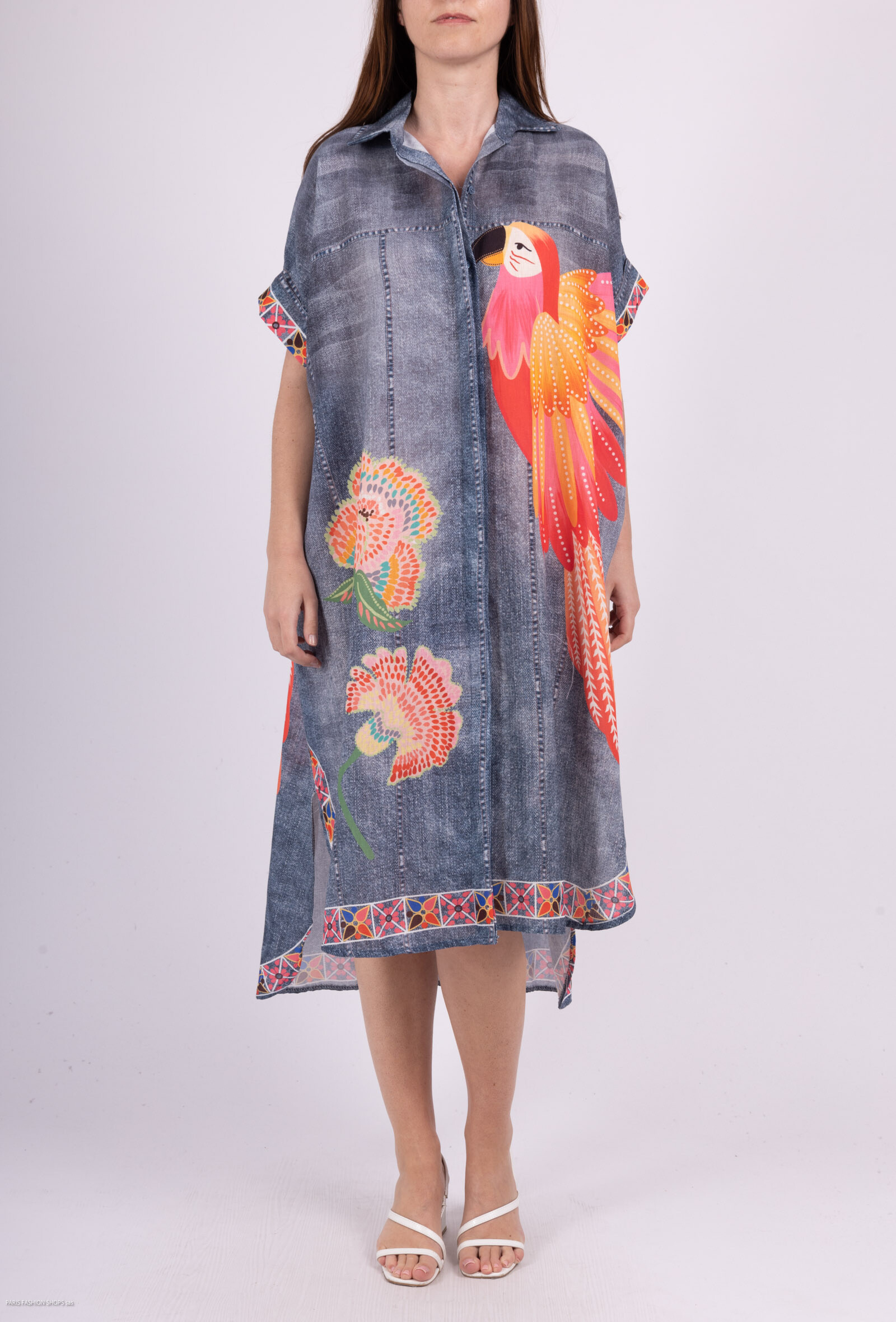 Grossiste Catherine Style - Chemisier robe à imprimée denim perroquet colorés