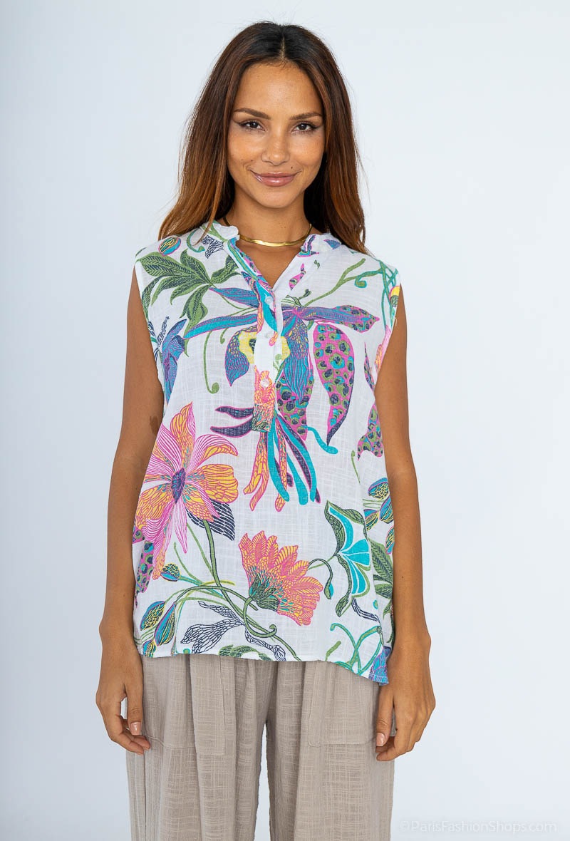 Grossiste Catherine Style - Débardeur coton lin à imprimé fleurs exotiques colorés
