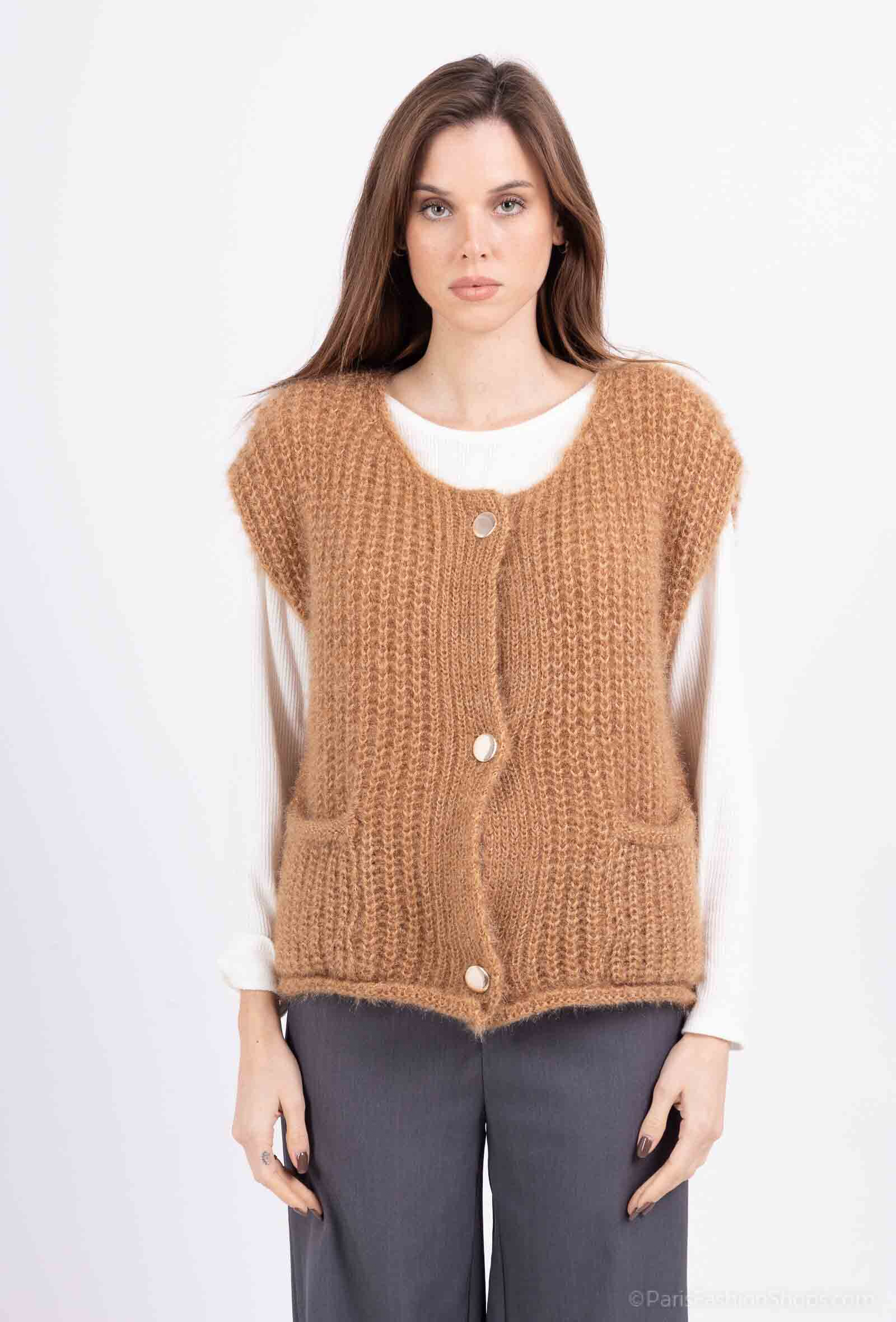 Grossiste Catherine Style - Gilet à grosse maille douce poche sans manches