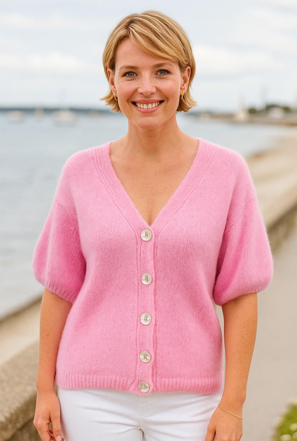 Grossista Catherine Style - Cardigan a maglia a maniche corte con bottoni, accogliente in misto alpaca per bambini