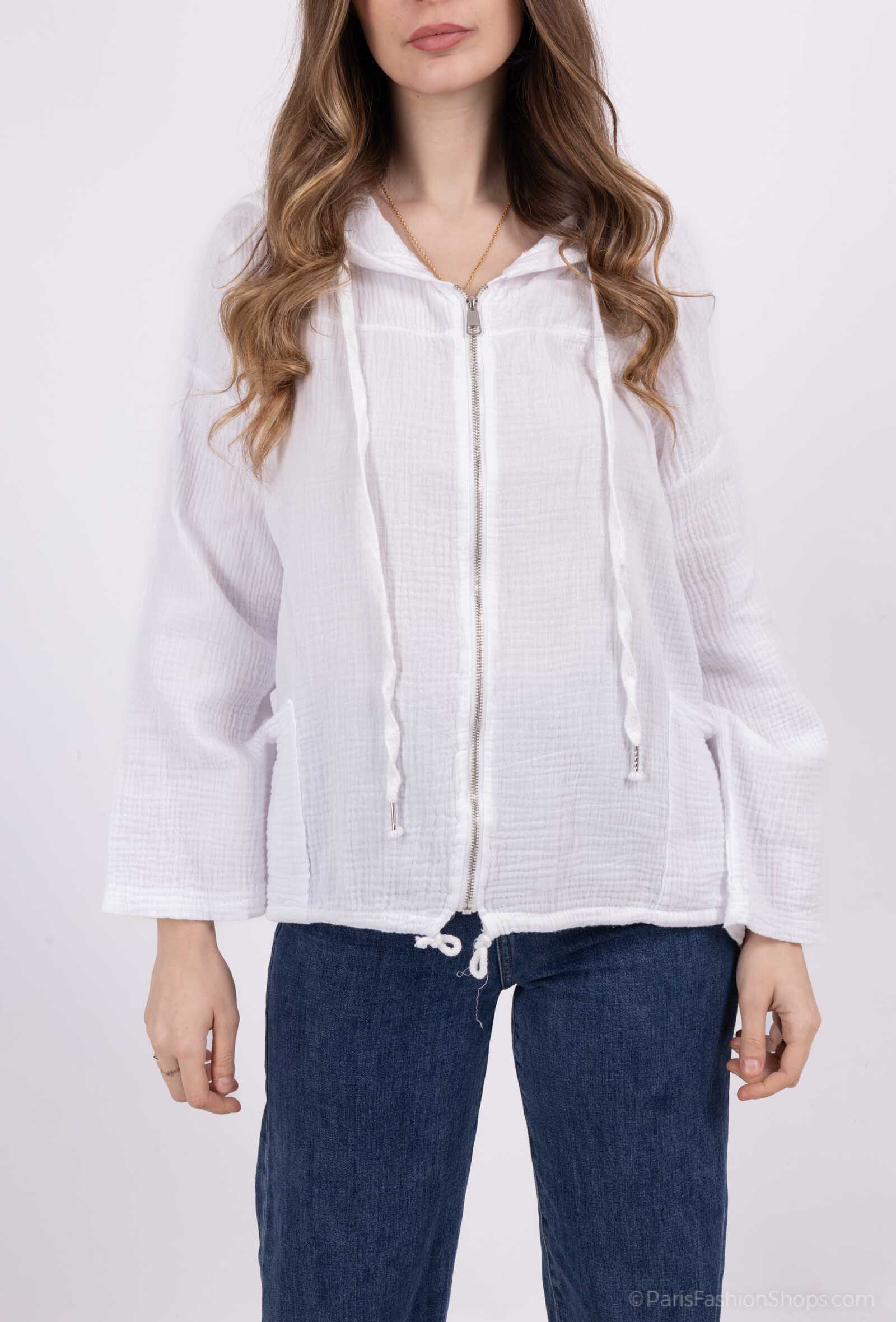 Grossiste Catherine Style - Gilet en gaze de coton à capuche zippée