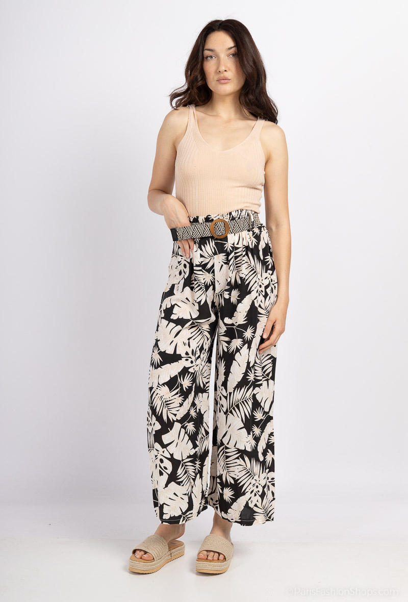 Grossiste Catherine Style - Pantalon fluide à imprimé tropicale à ceinture tresser