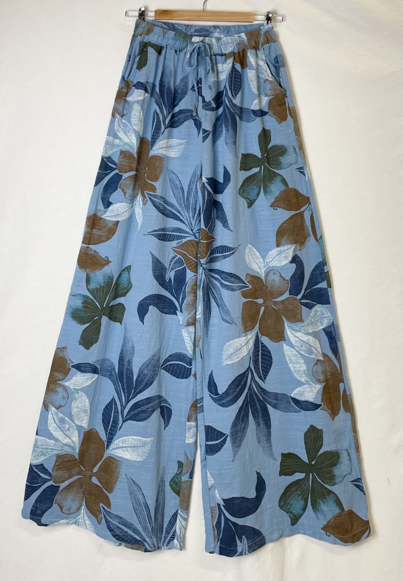 Grossiste Catherine Style - Pantalon large en coton élastiqué à lacet imprimé tropical