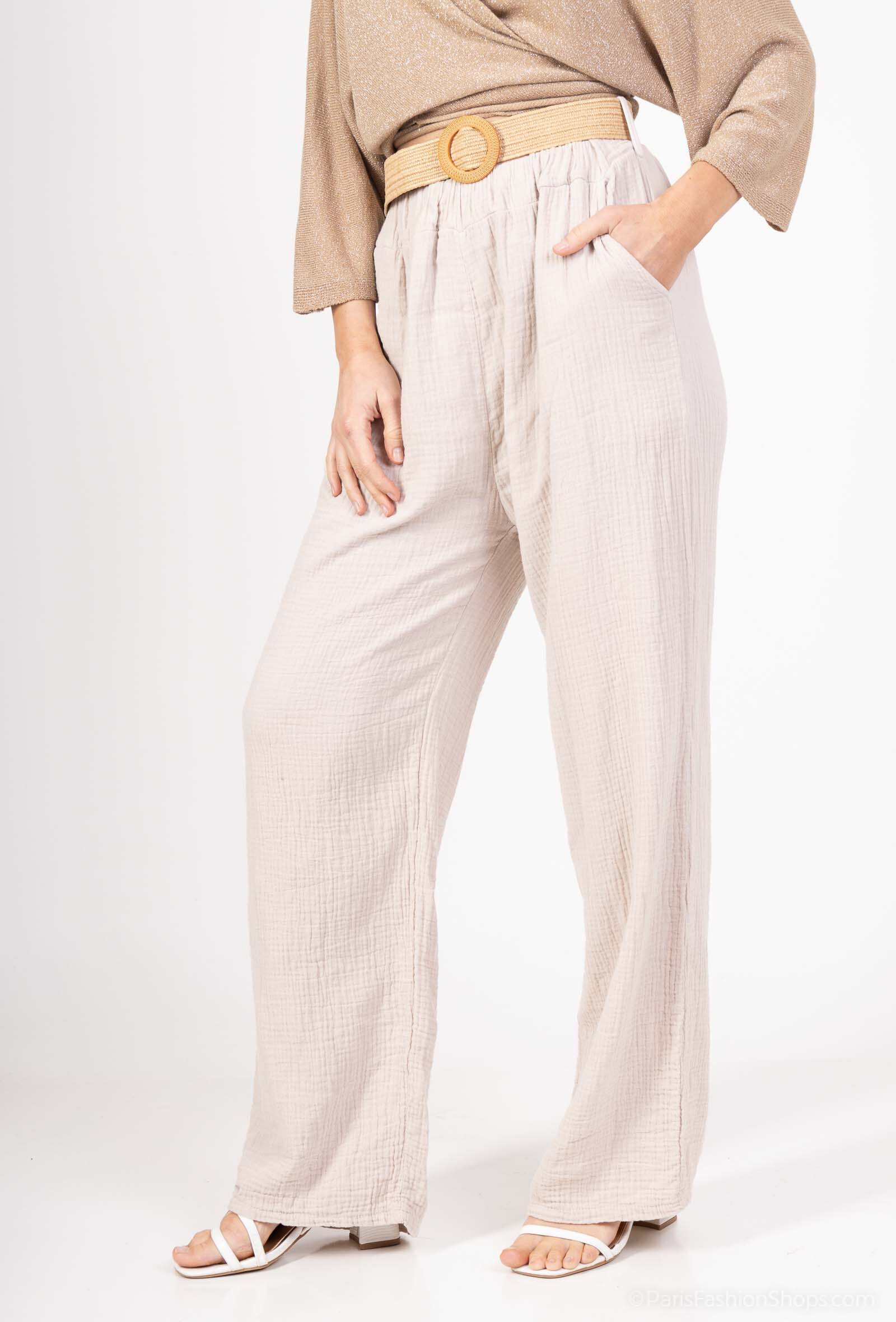 Grossiste Catherine Style - Pantalon en gaze de coton à ceinture poché