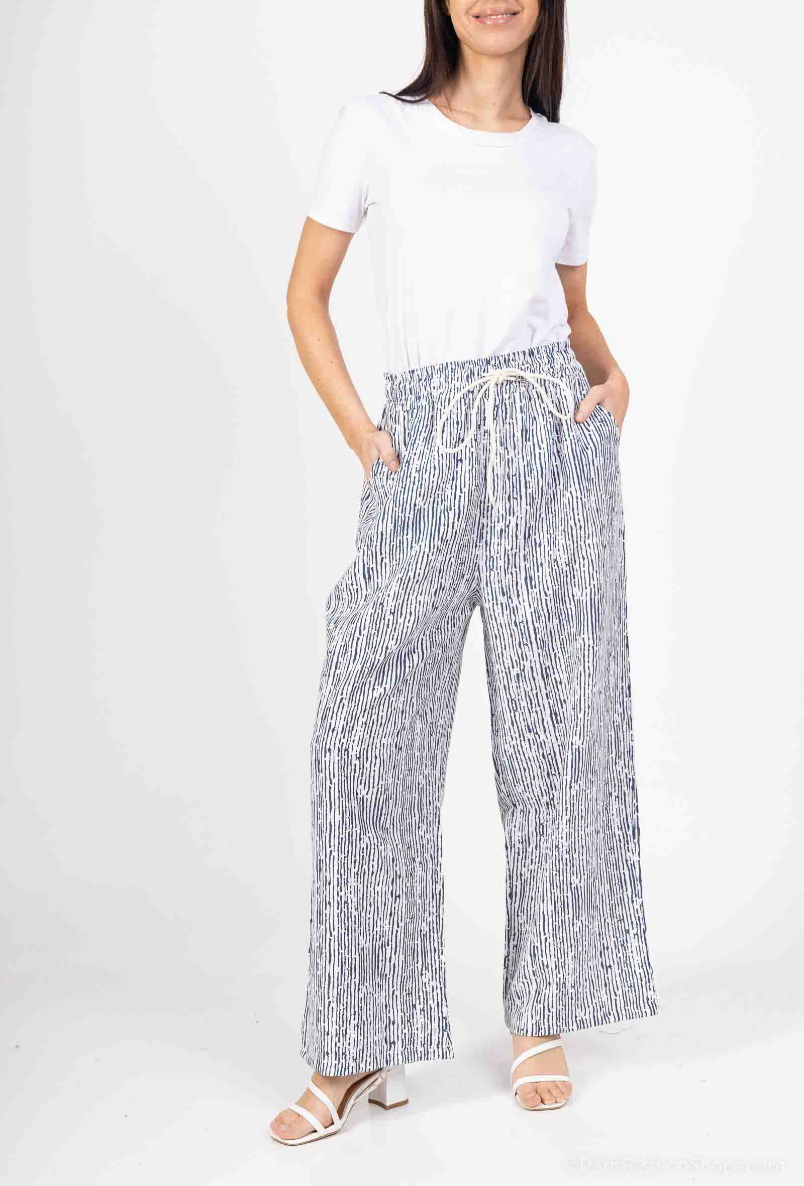 Grossiste Catherine Style - Pantalon à crèpe à imprimé à rayure poché à cordon fluide