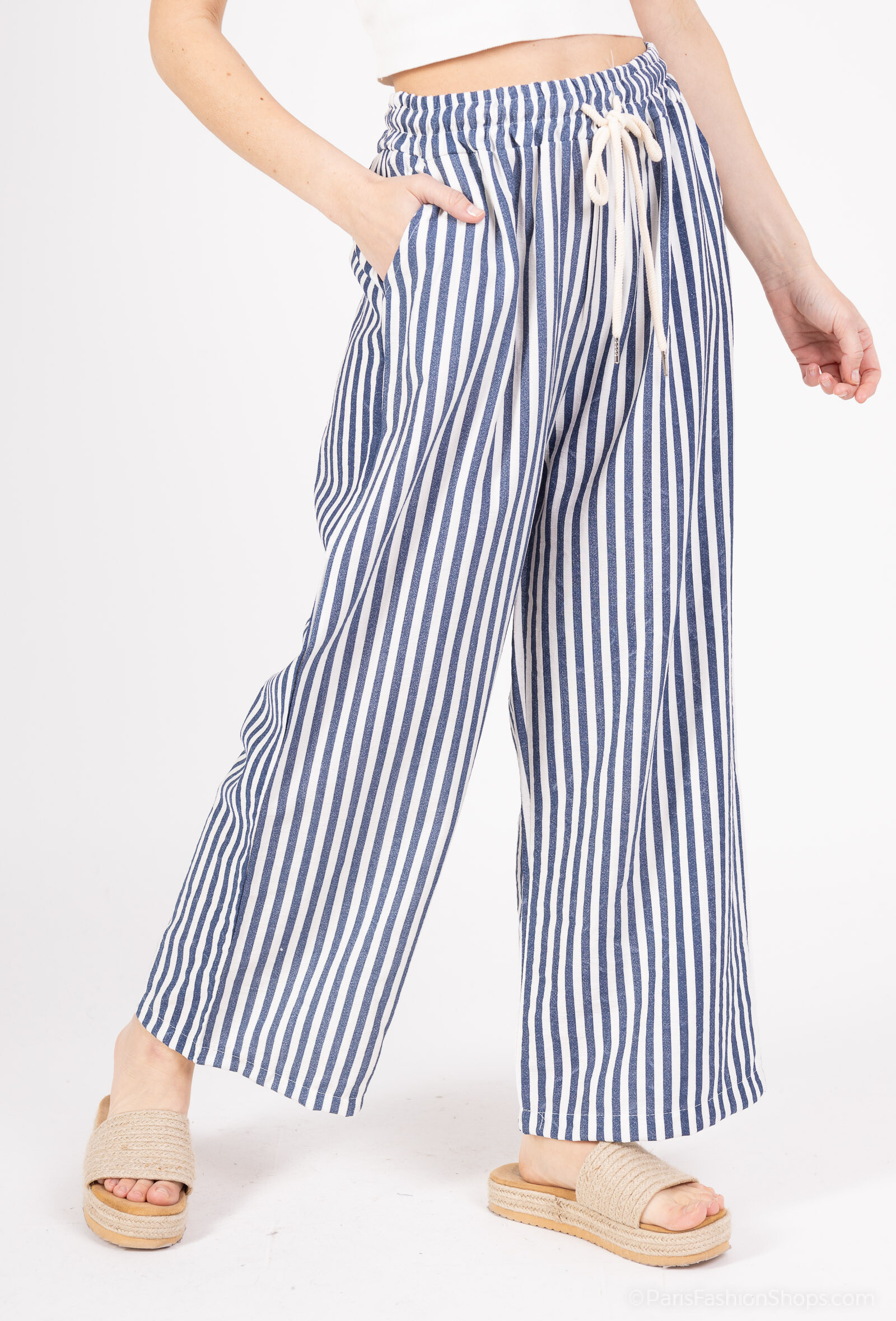 Grossiste Catherine Style - Pantalon à crêpe à imprimé à rayure poché à cordon fluide