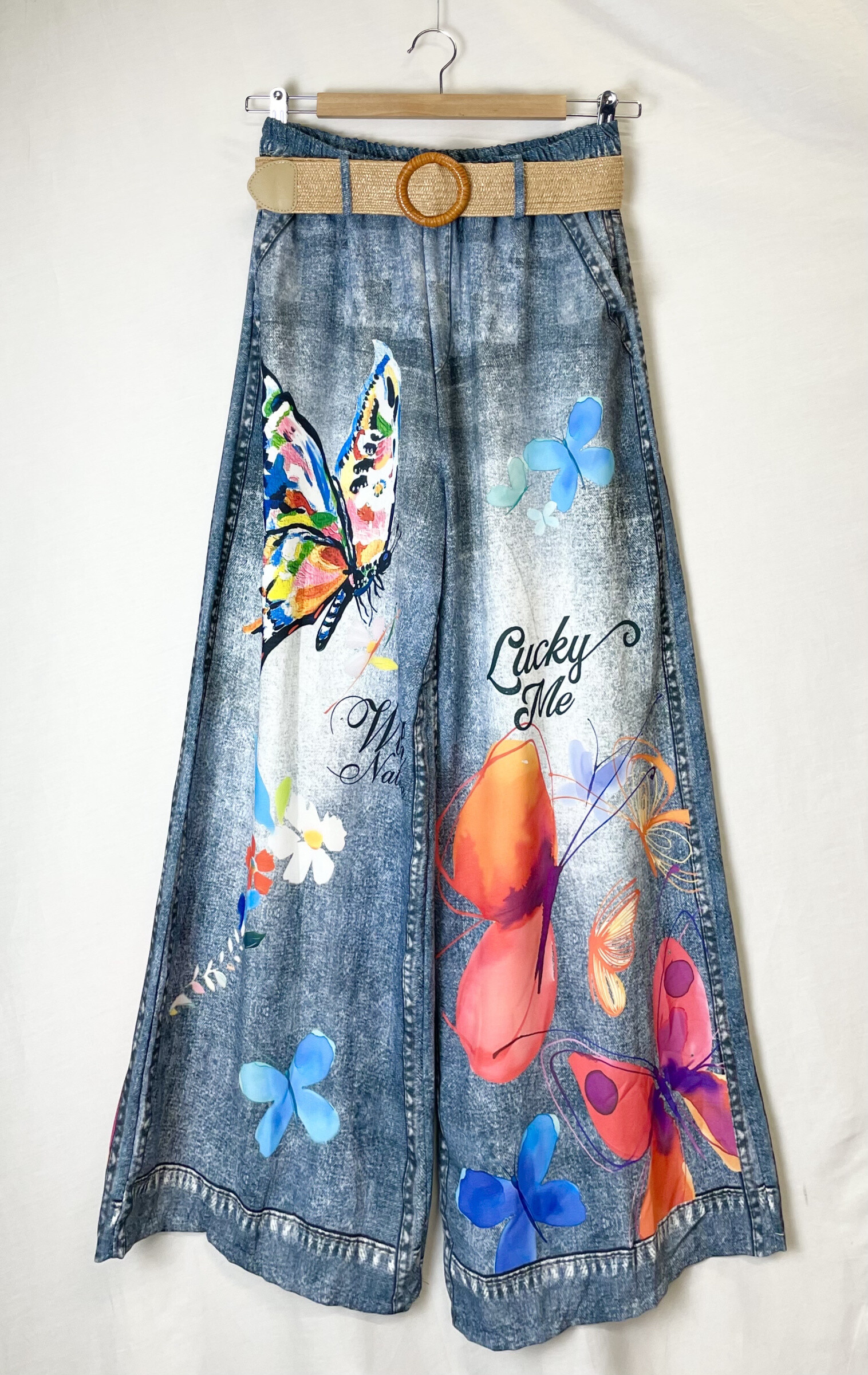 Großhändler Catherine Style - Fluidhose mit bunten Schmetterlings -Denim -Druck