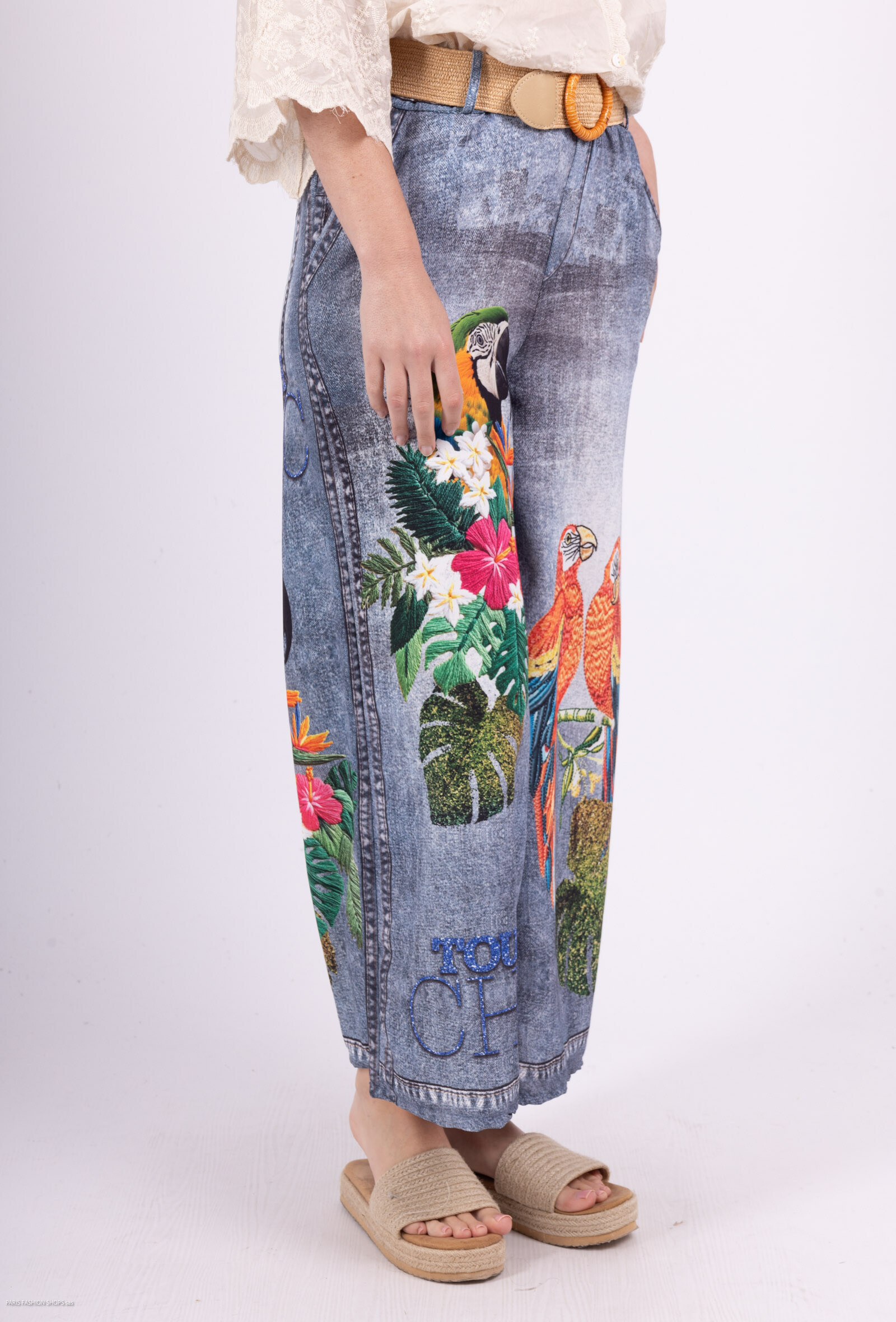 Wholesaler Catherine Style - Fluid print pants Denim Exotic parrot