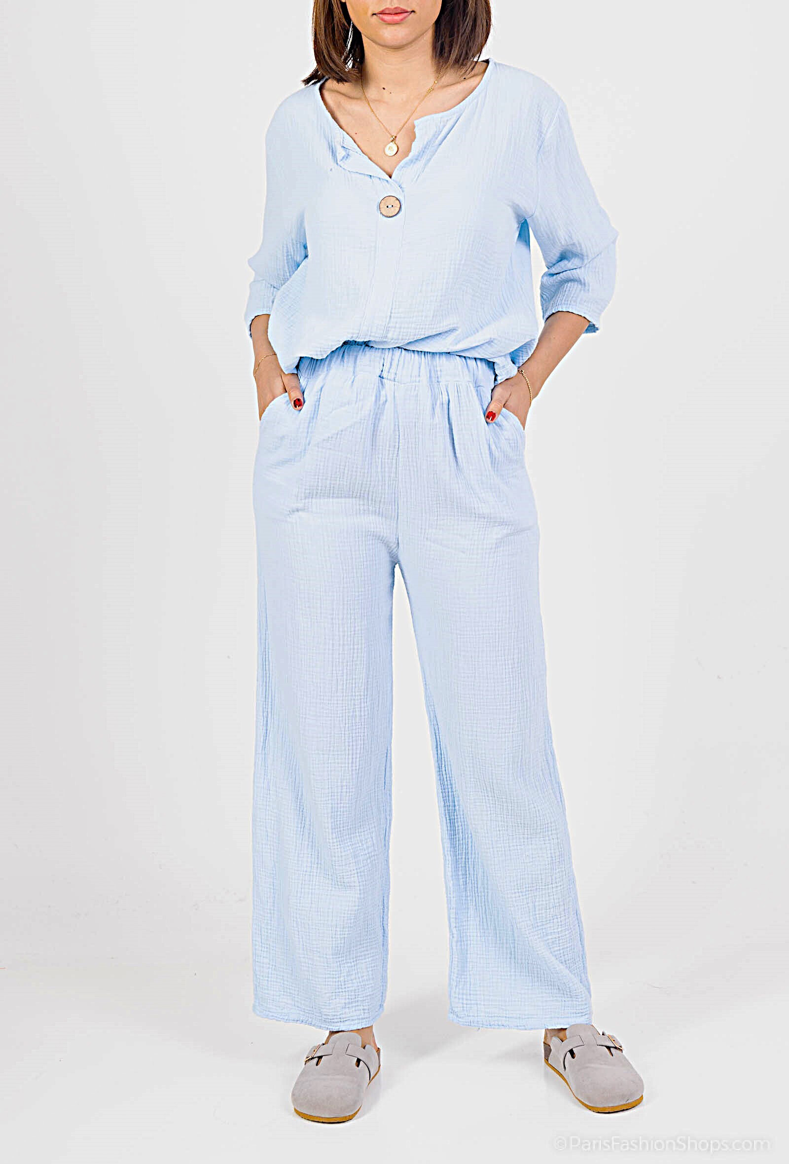 Grossiste Catherine Style - Pantalon large poché en gaze de coton