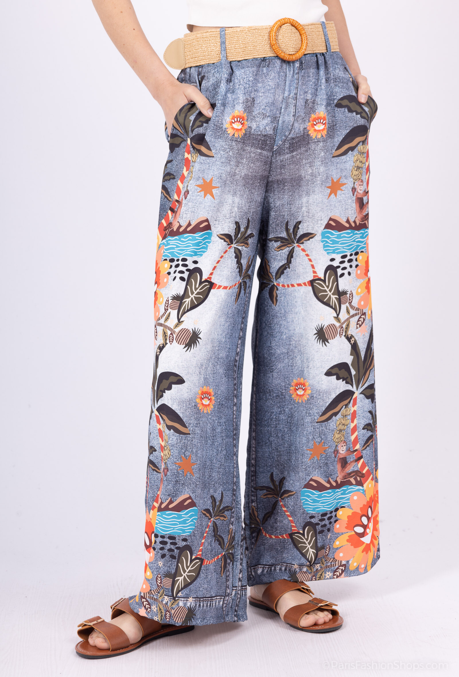 Grossiste Catherine Style - Pantalon fluide à imprimé denim singe sur le bananier