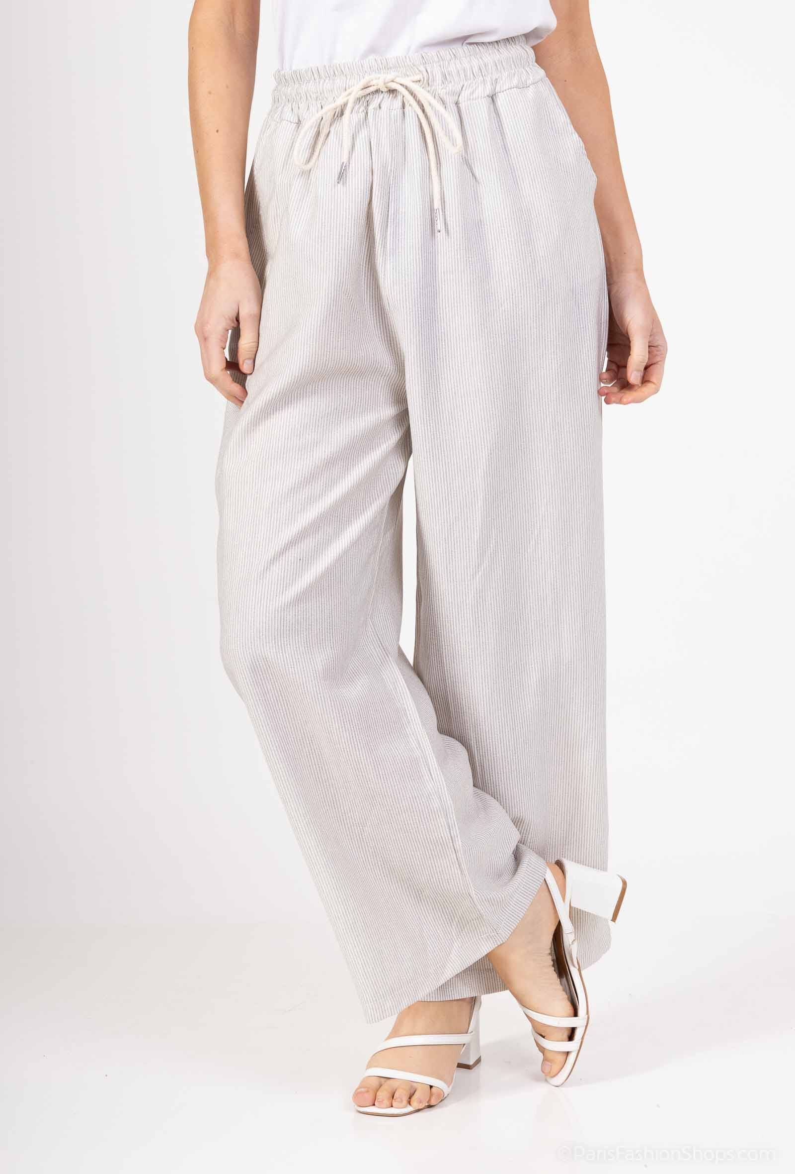 Grossiste Catherine Style - Pantalon à crèpe à imprimé à rayure poché à cordon fluide