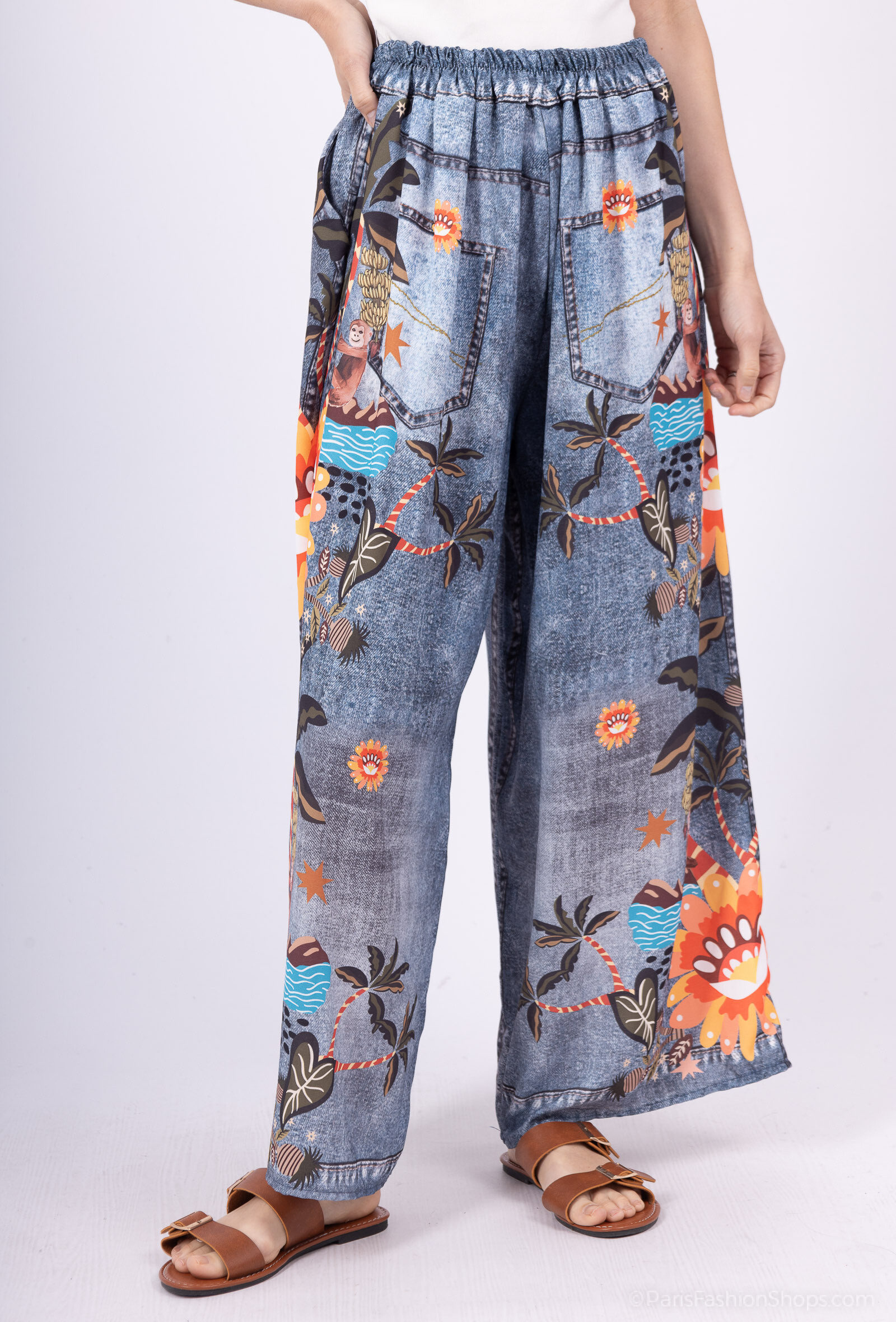 Grossiste Catherine Style - Pantalon fluide à imprimé denim singe à bananiers