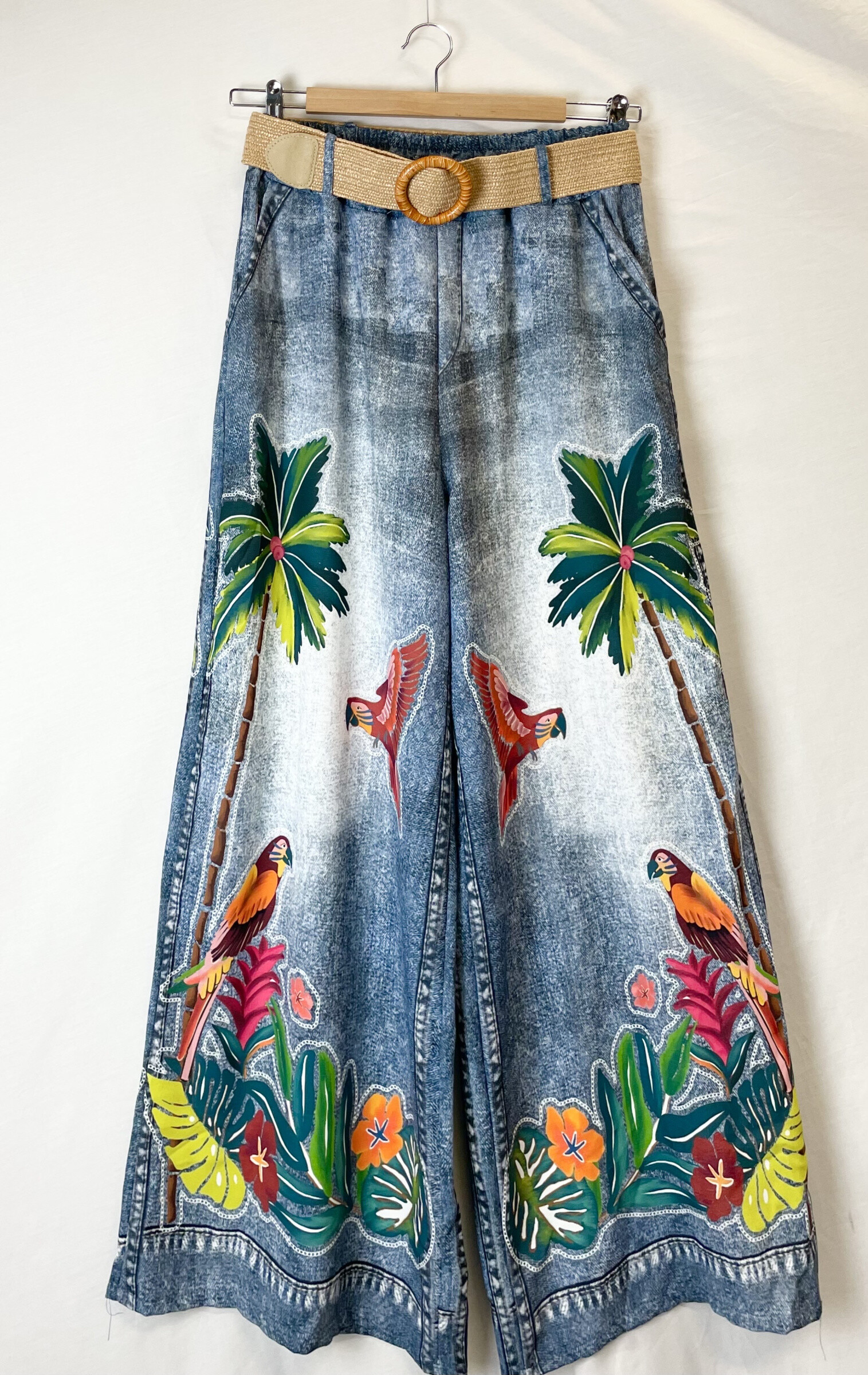 Wholesaler Catherine Style - Fluid print pants Denim Exotic parrot