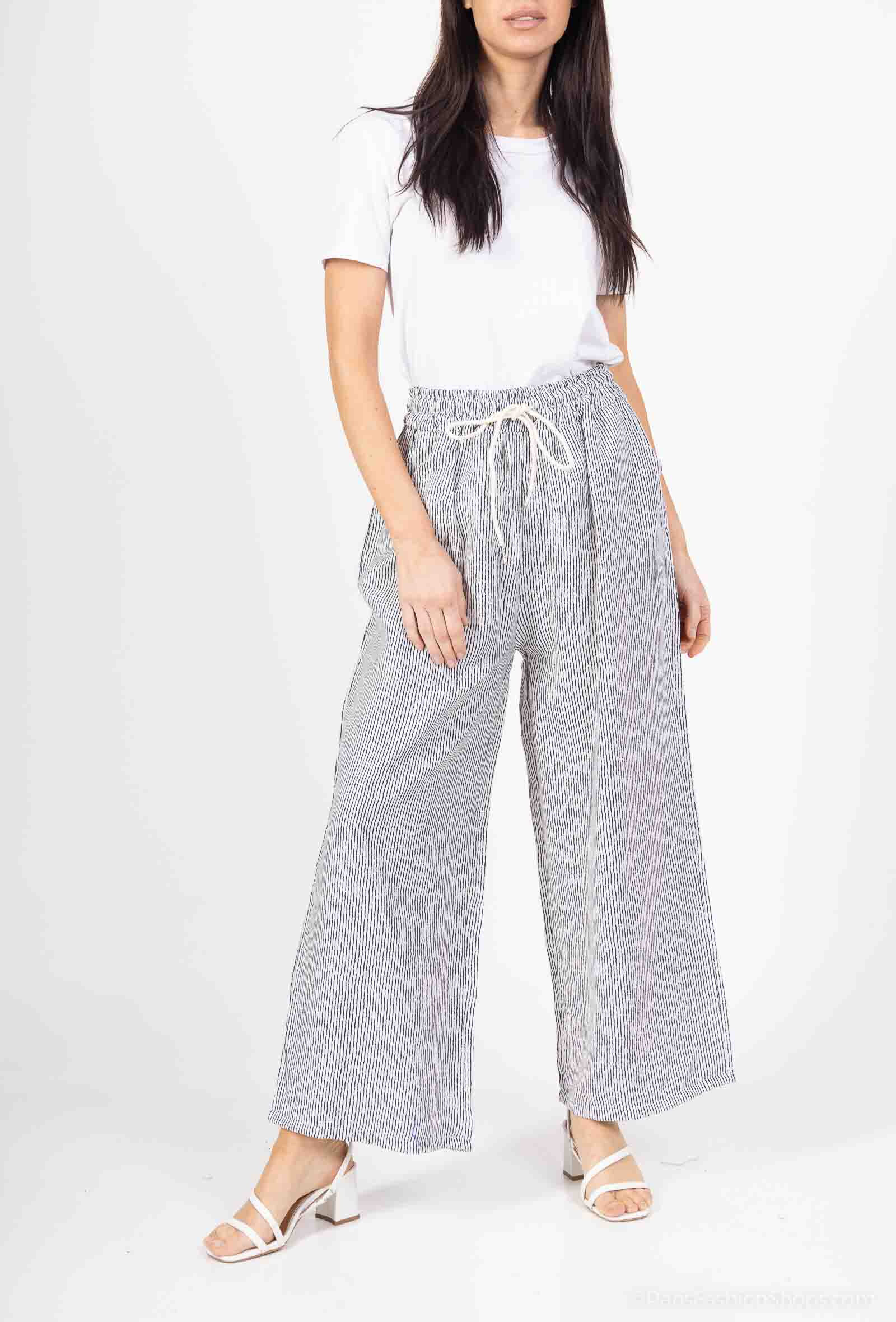 Grossiste Catherine Style - Pantalon à crèpe à imprimé à rayure poché à cordon fluide