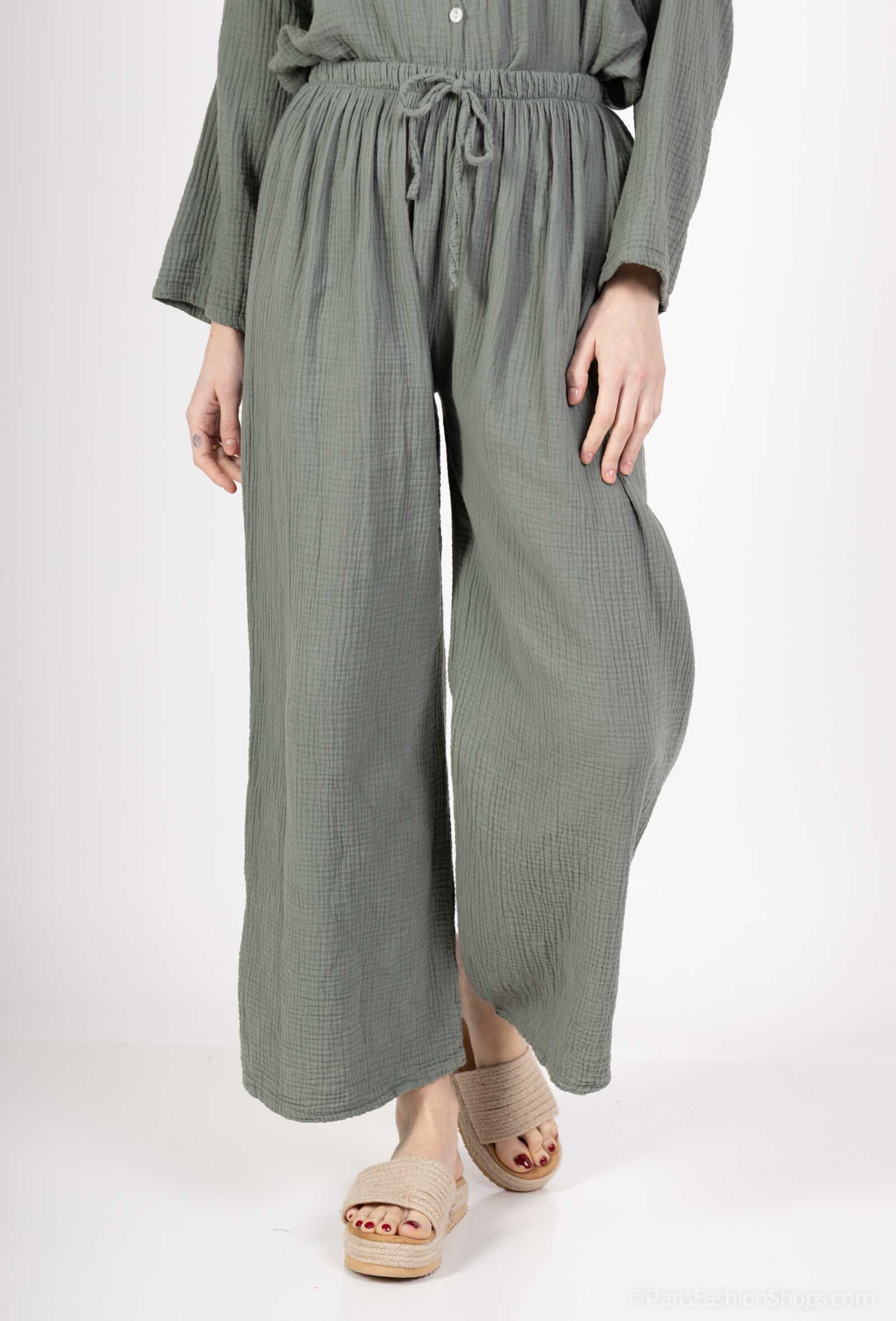 Grossiste Catherine Style - Pantalon en gaze de coton à lacets décoratifs