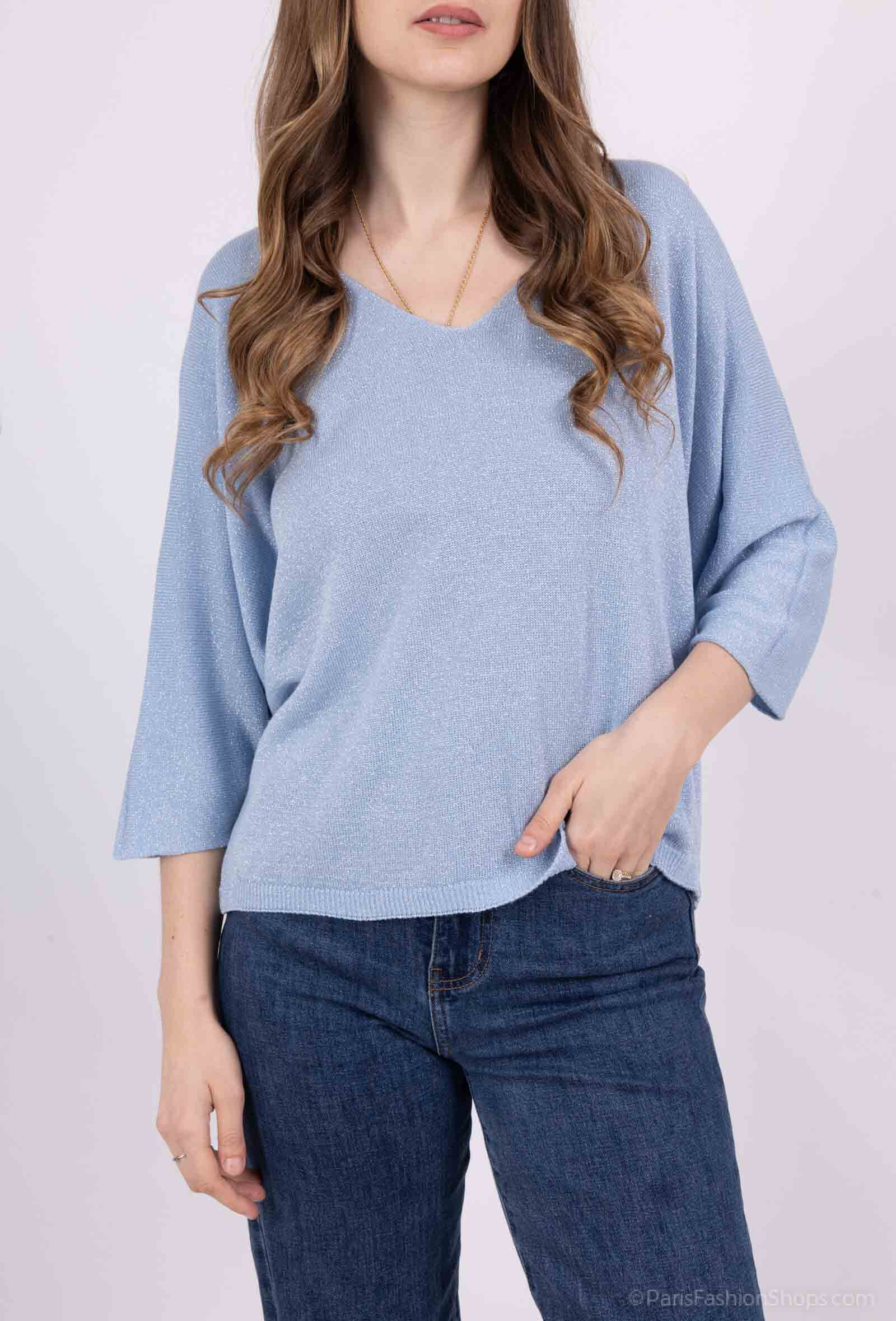 Grossiste Catherine Style - Pulls en maille argentée fin à manche courtes chauve souris