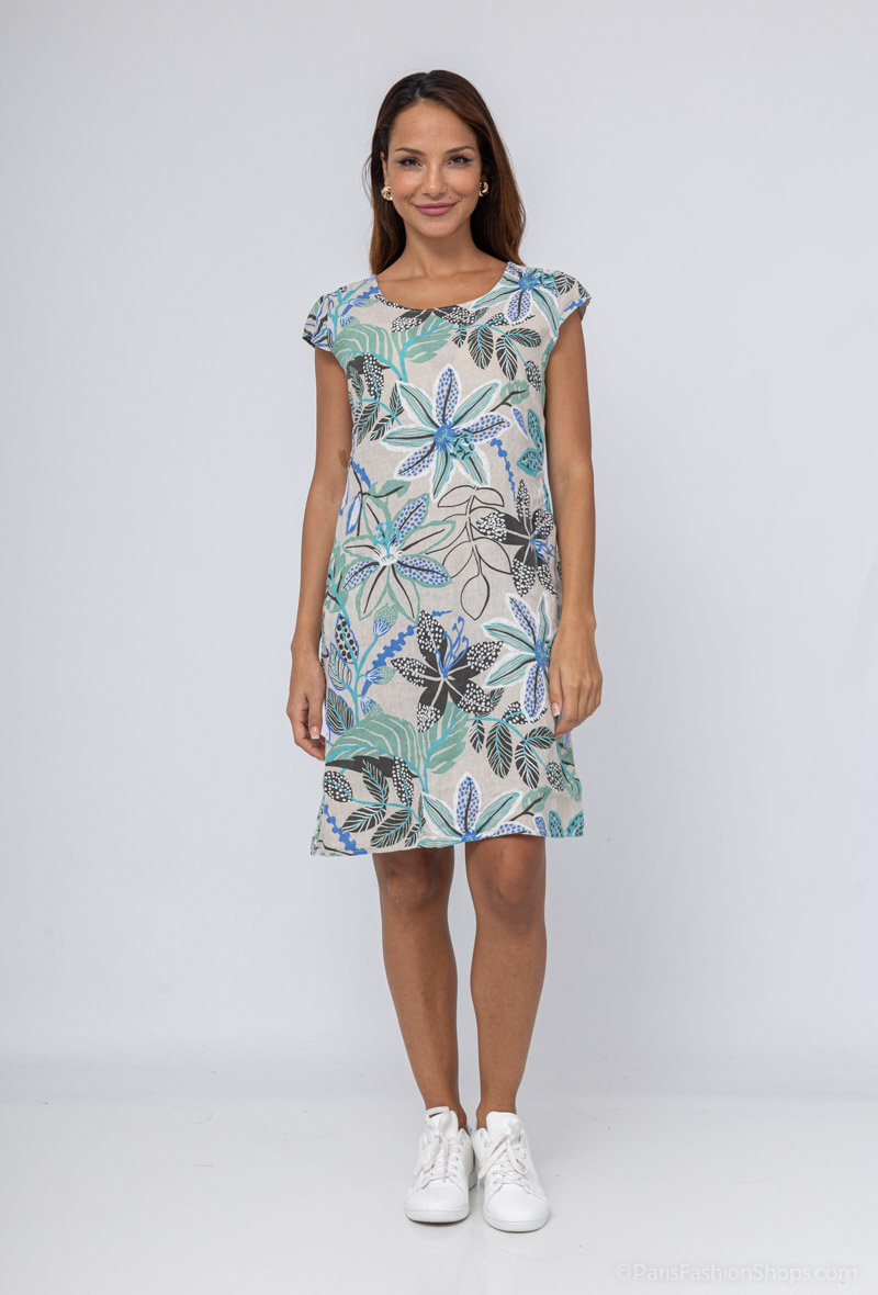 Grossiste Catherine Style - Robe en lin à imprimé à fleurs exotiques