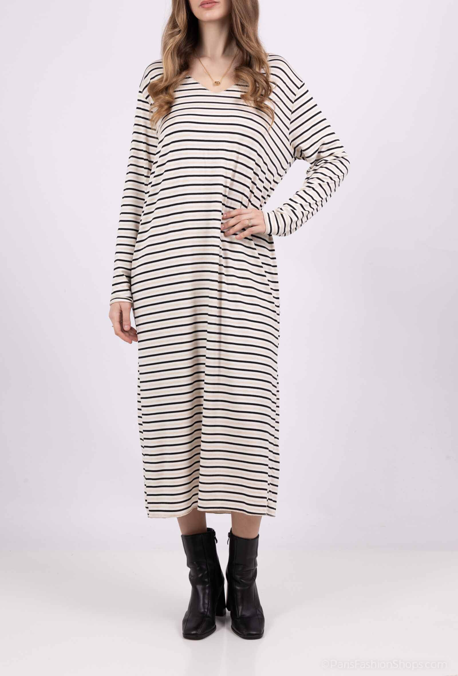 Grossiste Catherine Style - Robe pulls jersey à rayures pailletées