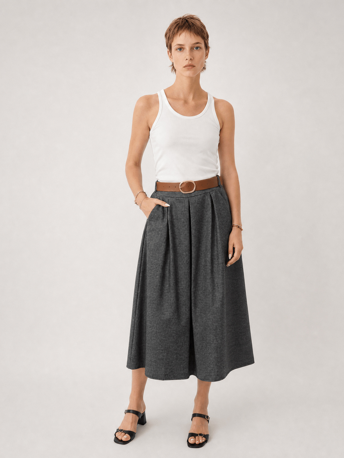 Grossiste CÉCILE WANG - Jupe midi Prince-de-Galles ceinturée – TDM52123-57