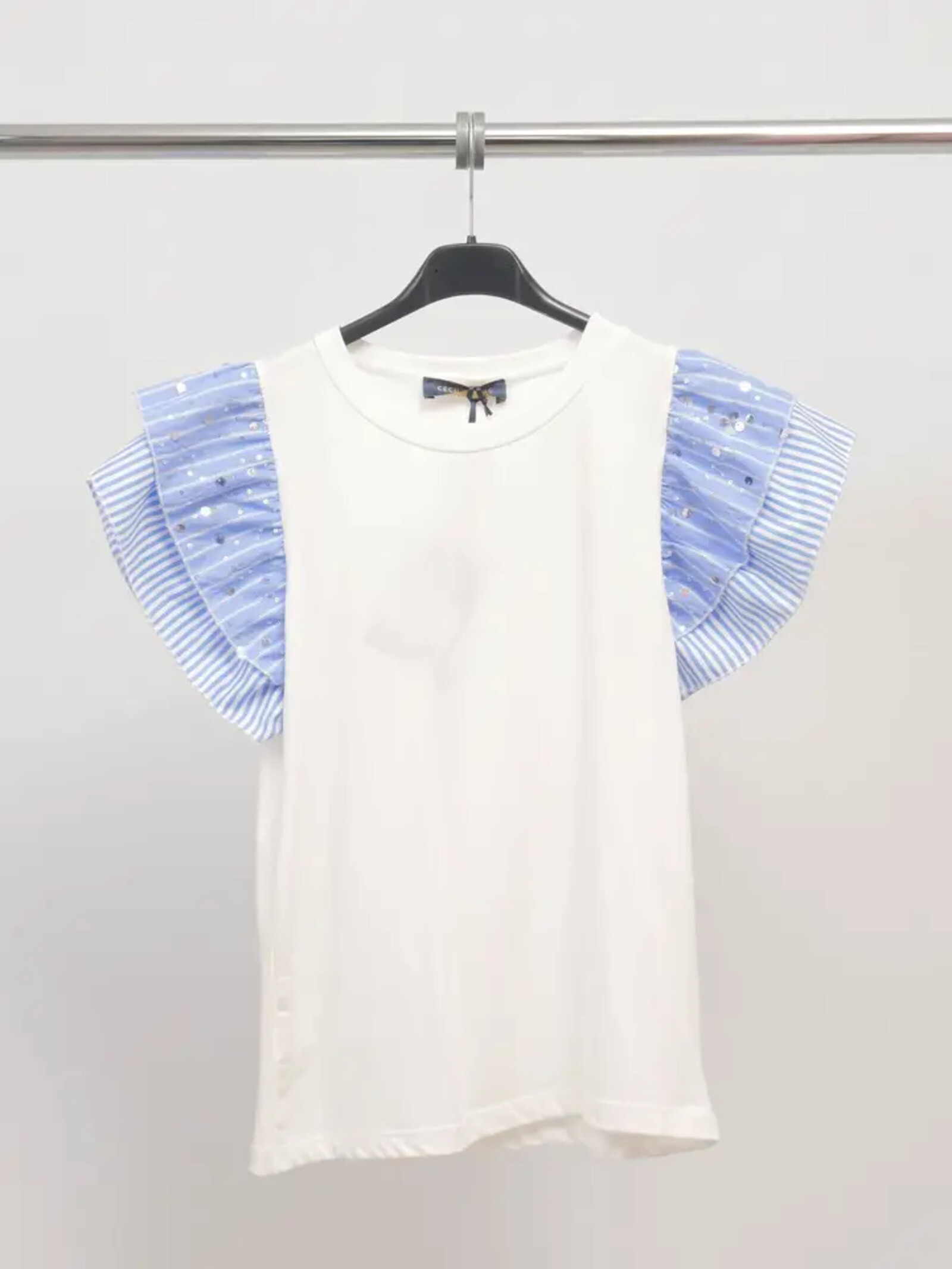 Großhändler Cécile Wang - Weißes T-Shirt mit gerüschten Ärmeln und Pailletten - TDM17525