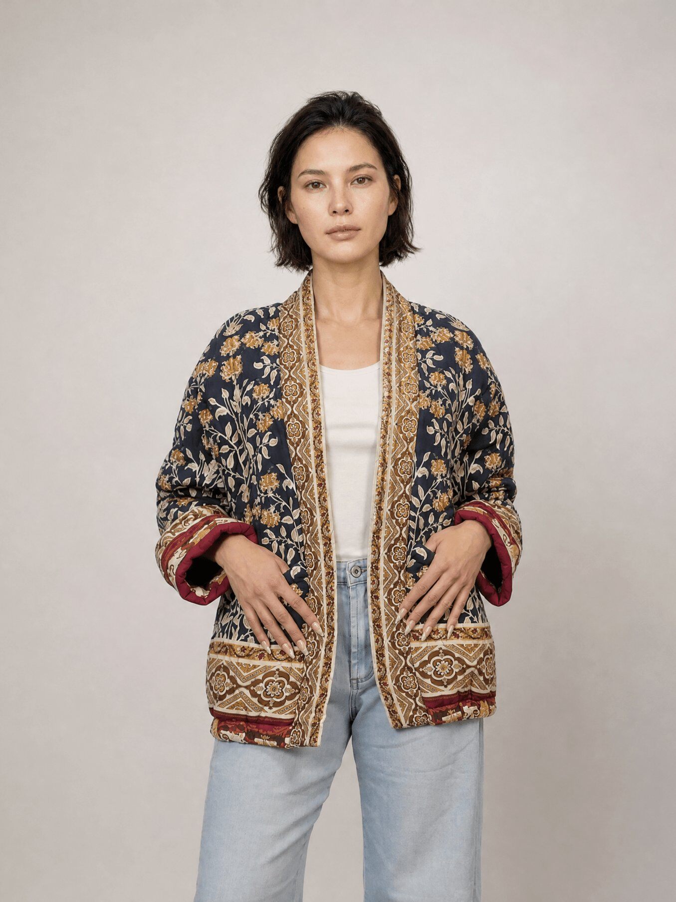 Grossista CÉCILE WANG - Giacca morbida con stampa floreale e bordi a contrasto – KD88021